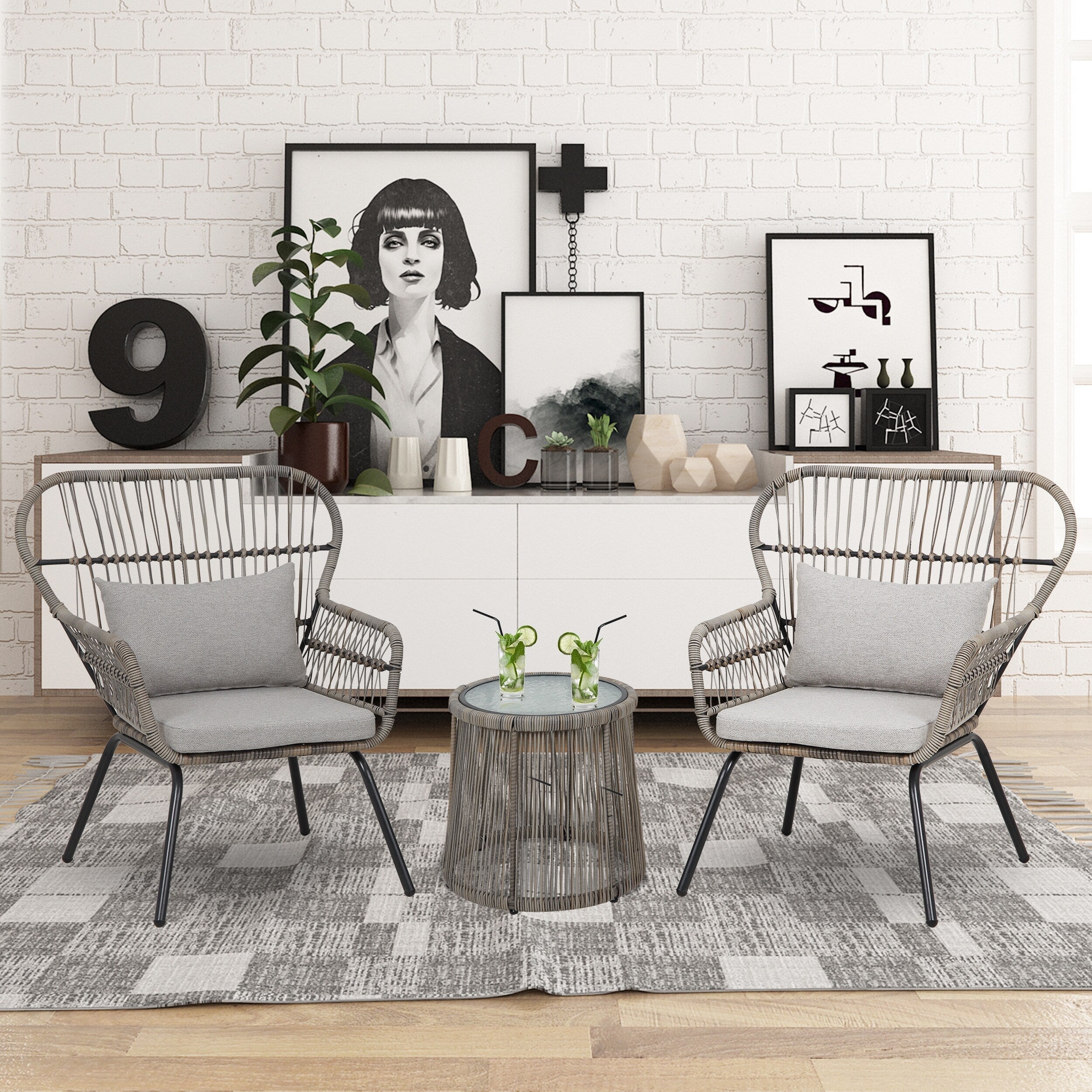 3 Piece Outdoor Wicker Conversation Bistro Set, All-Weather Rattan Furniture Patio Chairs Set with Cushions