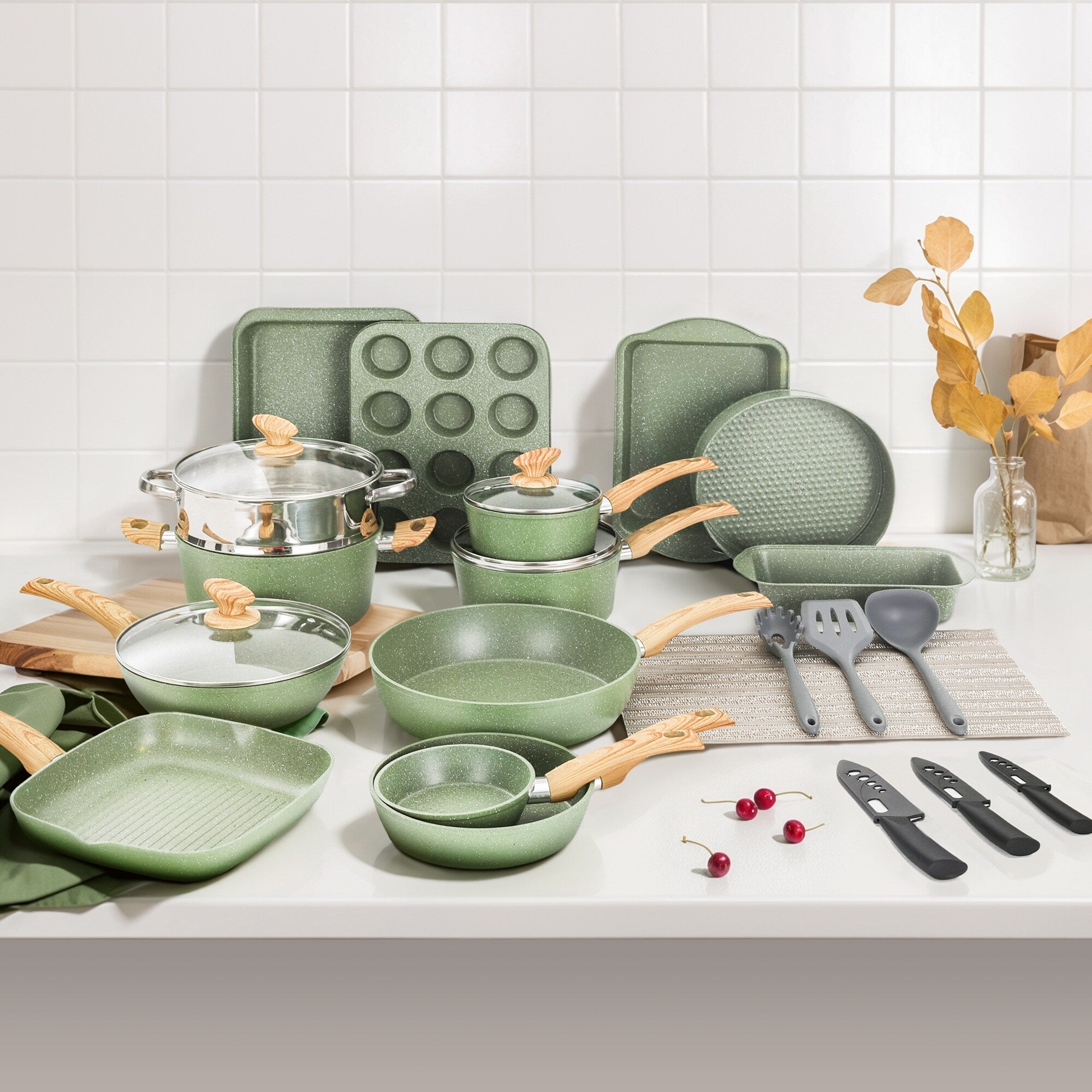 30-Piece Kitchen Granite Cookware and Bakeware Set, Cooking Pans Set Non-Stick Pots and Pans Set