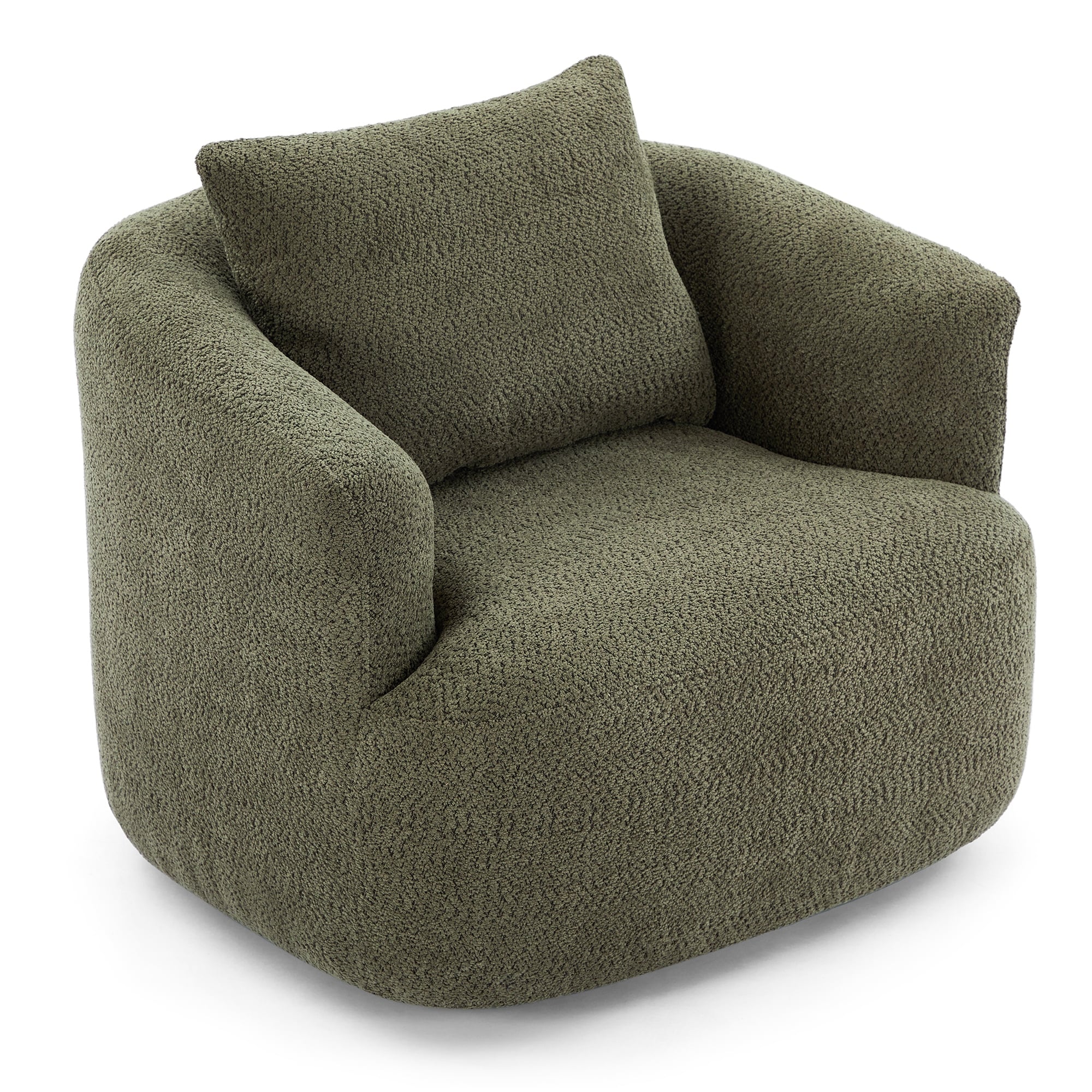 360° Swivel Chair, 38.2 Boucle Accent Chair with Throw Pillow, Upholstered Barrel Sofa Chair with Curved Armrests