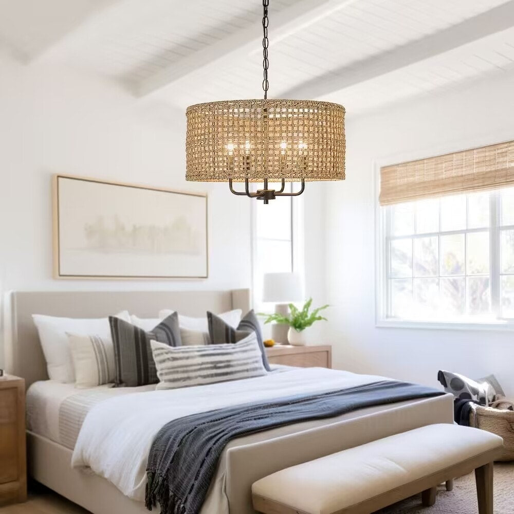 4-Light Bohemian Hand Woven Drum Chandelier - Straw - 20 in. W