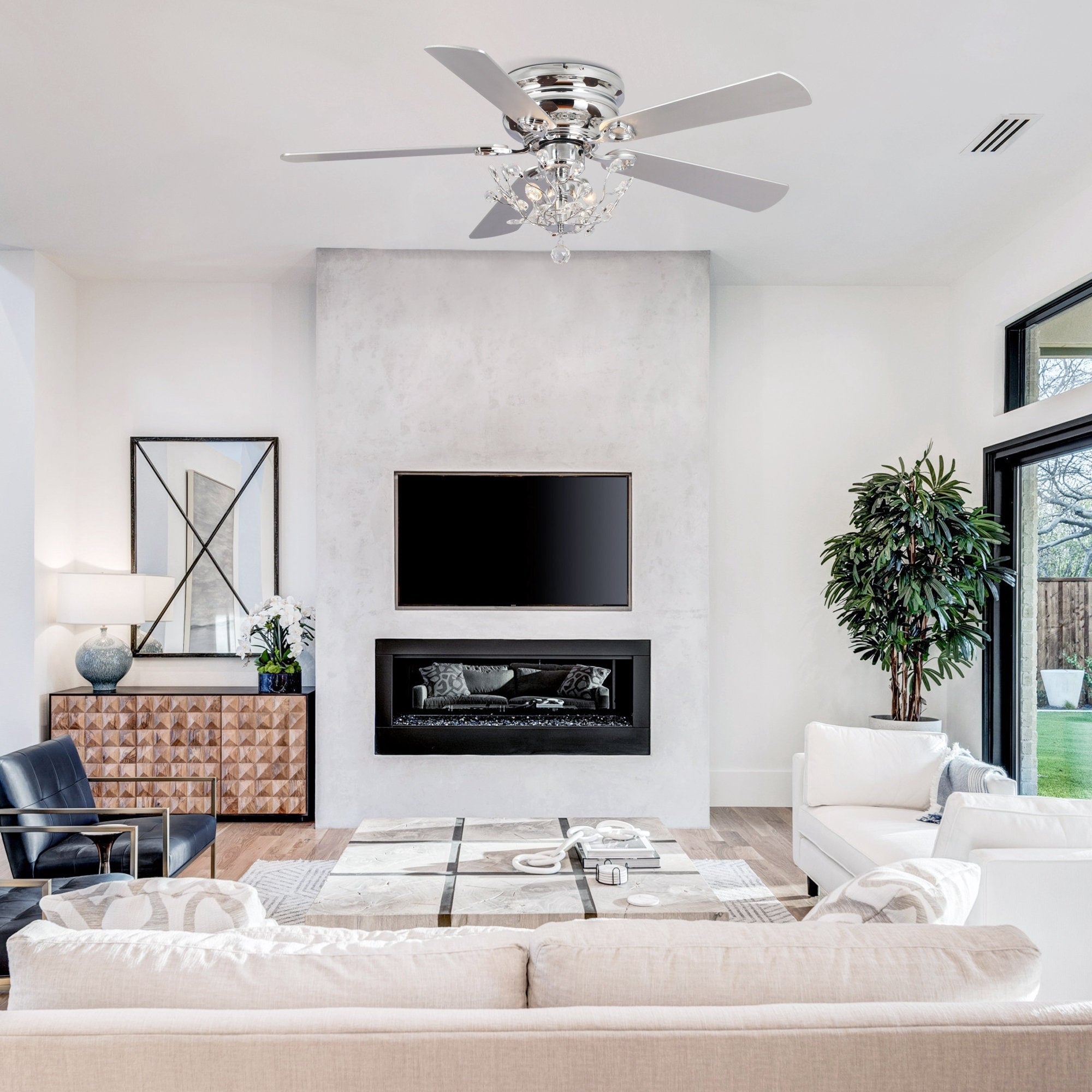 48 Modern Reversible 5-Blade Crystal Flush Mount Ceiling Fan with Remote