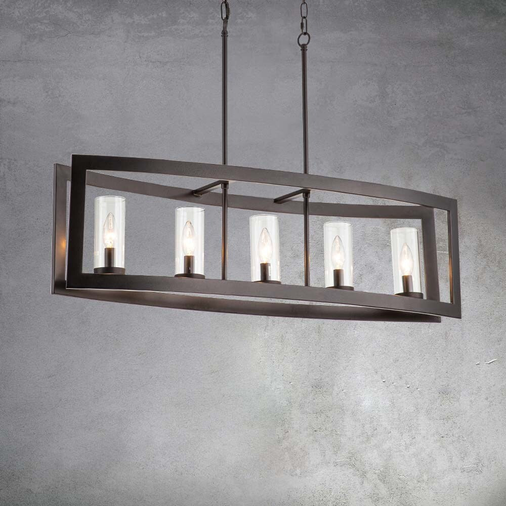5-Light Mid-Century Modern Industrial Linear Kitchen Island Pendant Vintage Rectangle Glass Chandelier