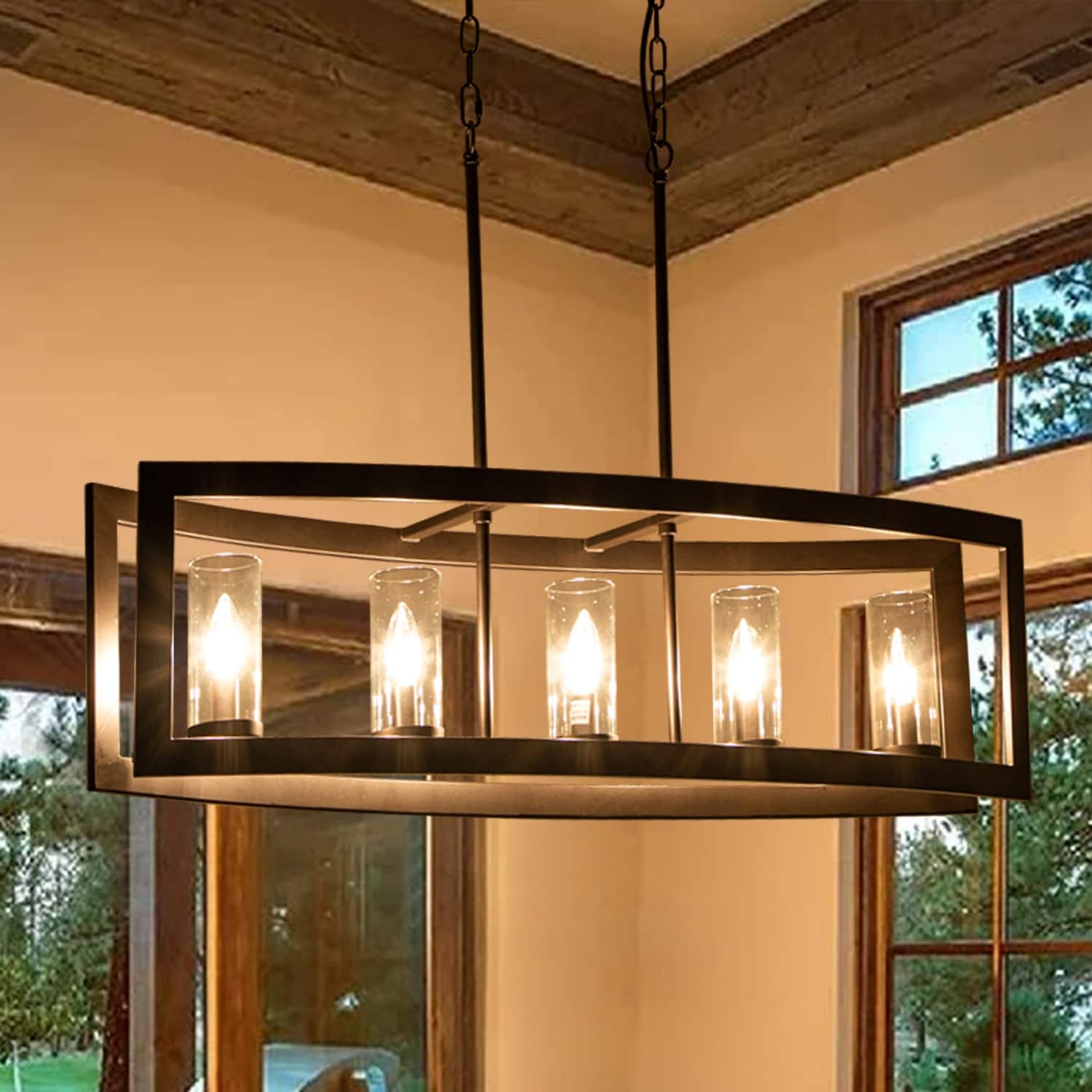 5-Light Modern Industrial Linear Chandelier for Dining Room Farmhouse Cylinder Clear Glass Chandelier Kitchen Island Lights