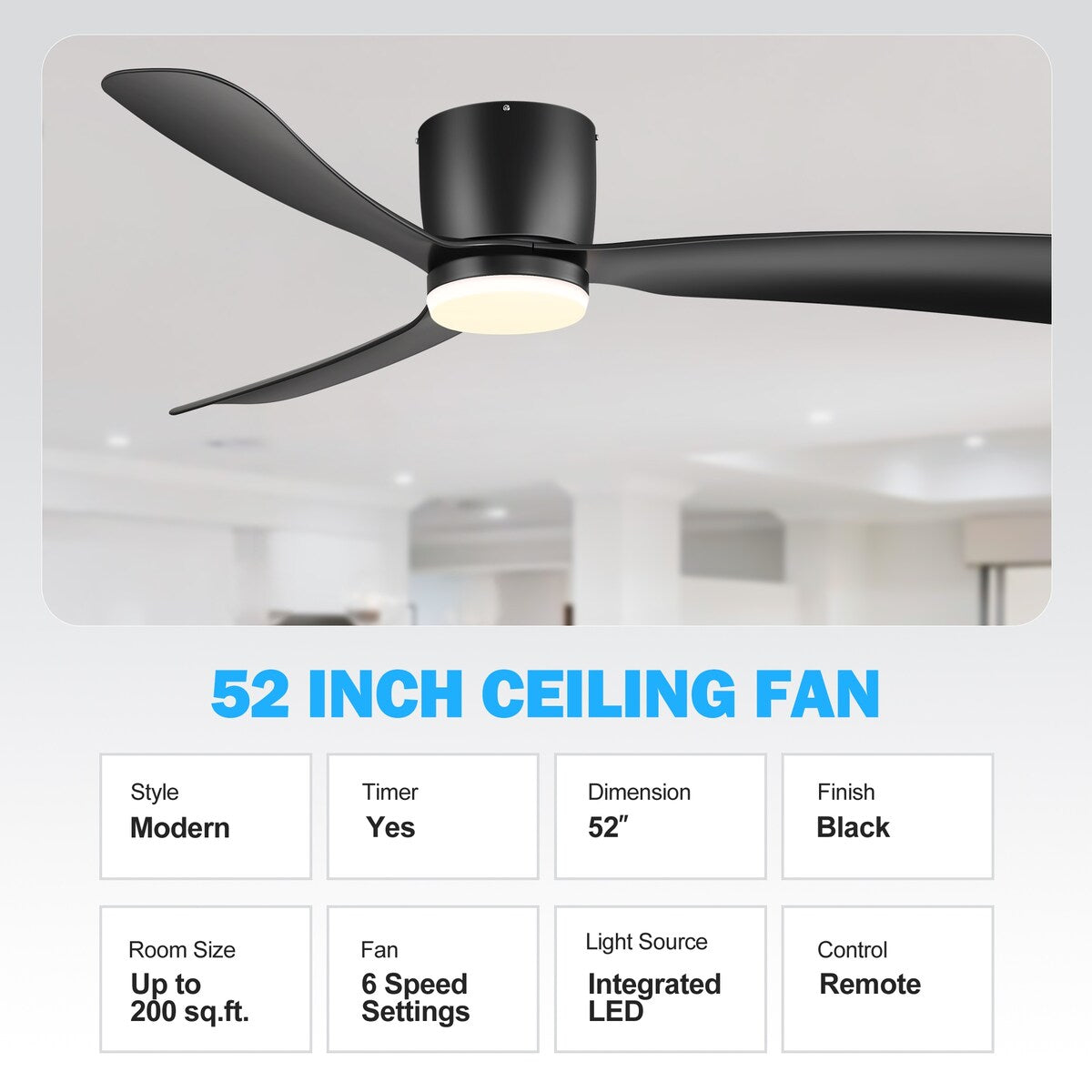 52 Inch Black/White Flush Mount LED Ceiling Fan with Lights Remote(3-Blade)