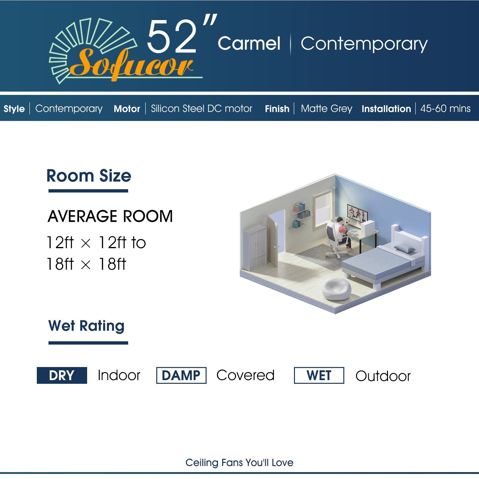 52 inch Modern Solid Wood / ABS Ceiling Fan With Remote Control(No Light),6 WInd Speed,Reversible Airflow