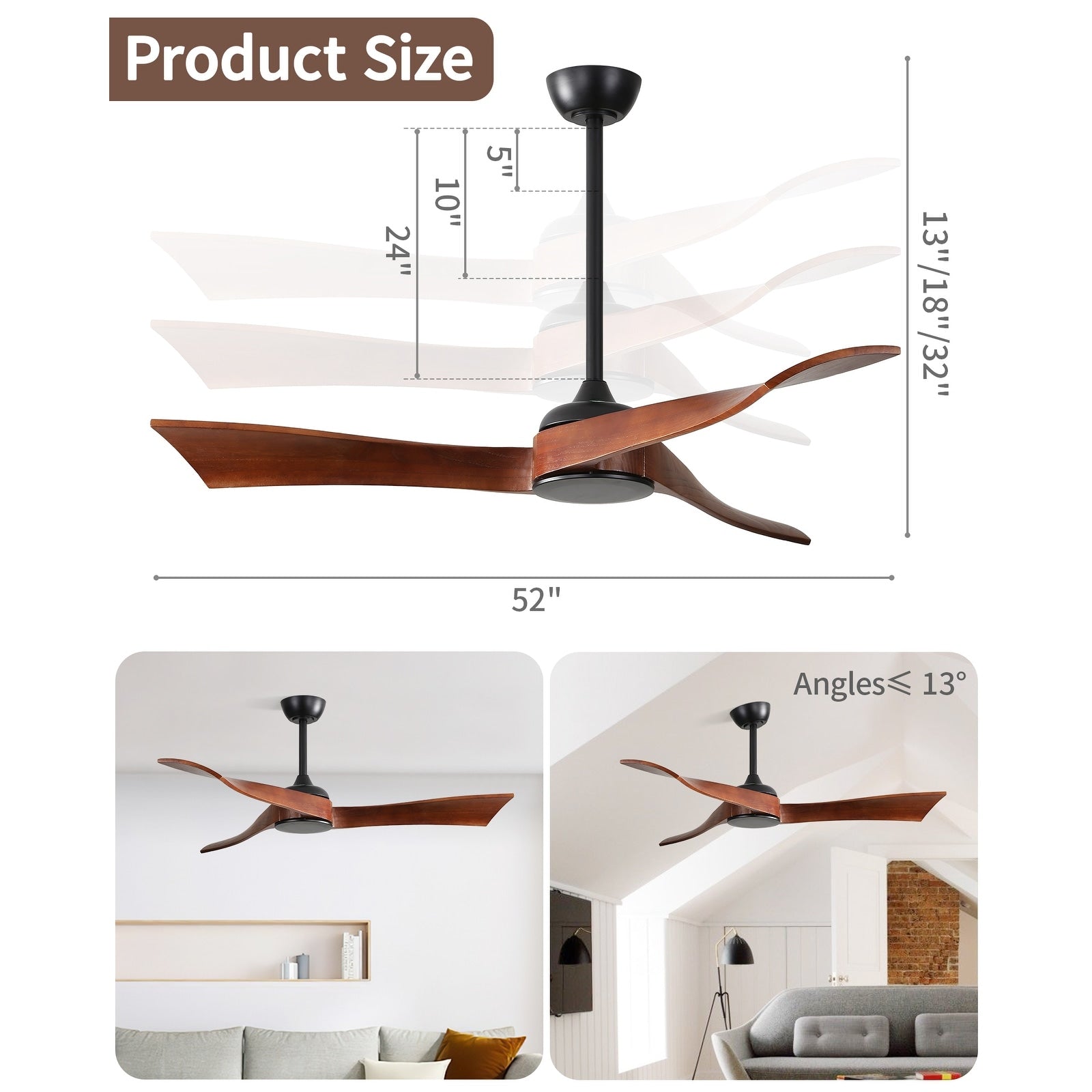 52 inch Modern Solid Wood / ABS Ceiling Fan With Remote Control(No Light),6 WInd Speed,Reversible Airflow