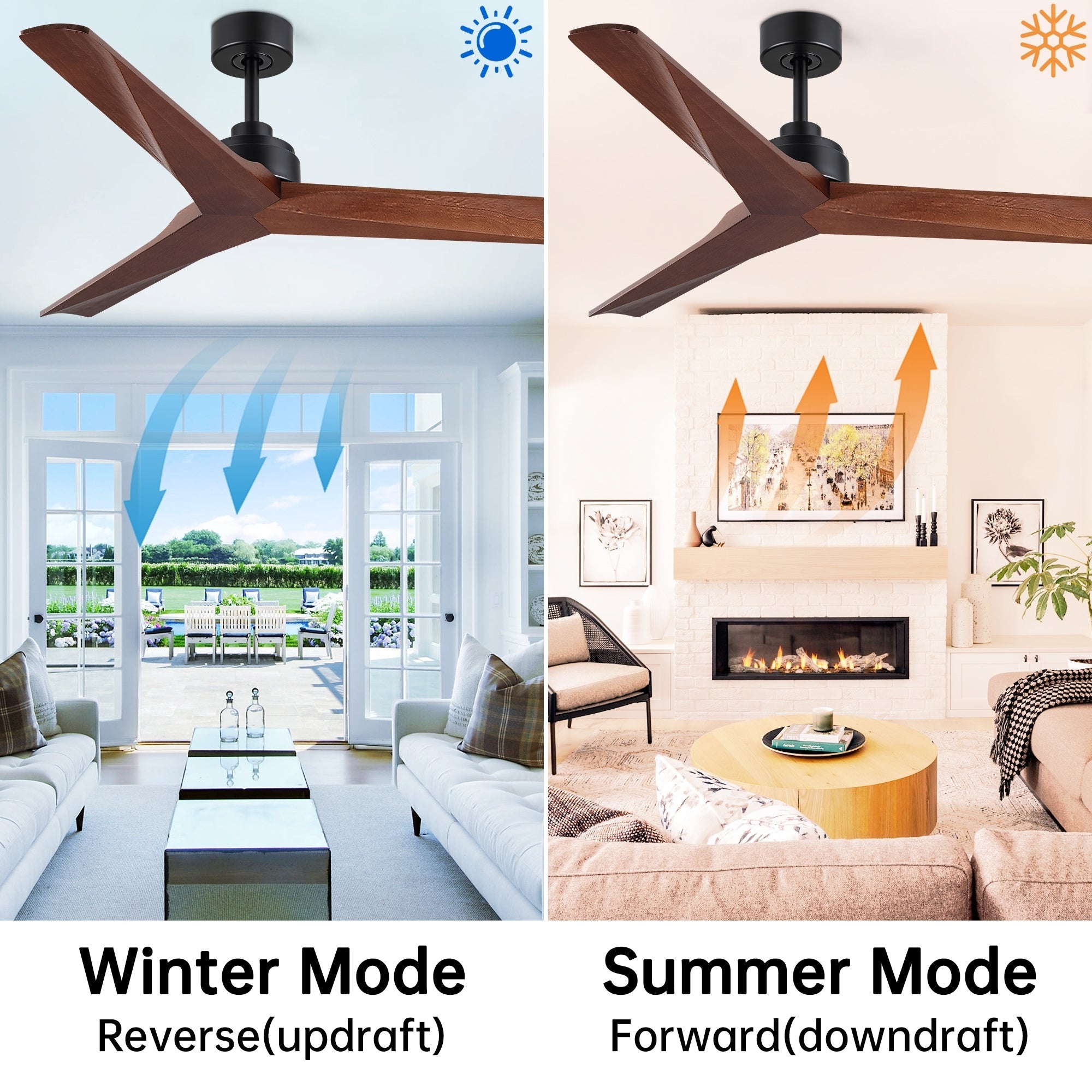 52 inch Modern Solid Wood / ABS Ceiling Fan With Remote Control(No Light),6 WInd Speed,Reversible Airflow