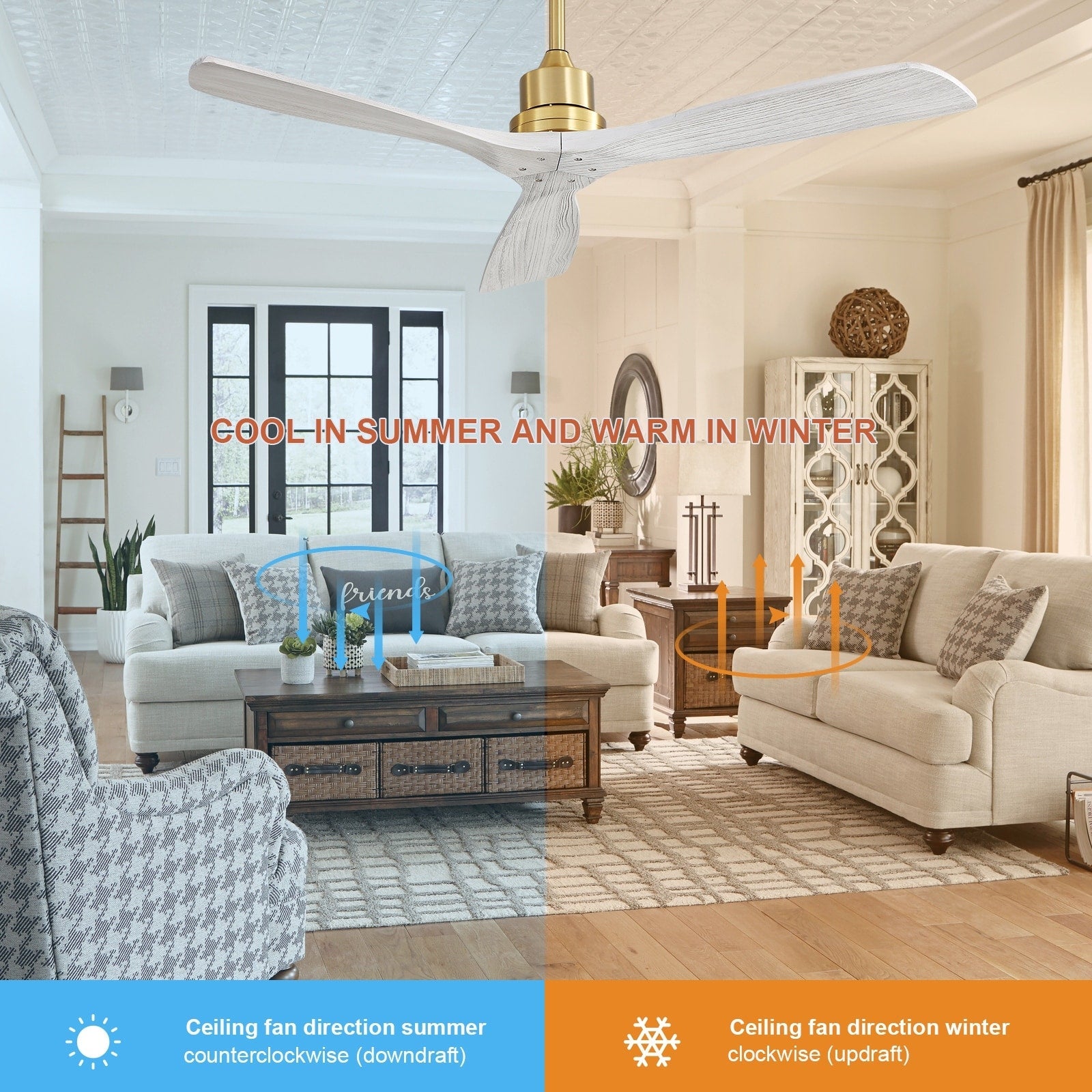 52 inch Modern Solid Wood / ABS Ceiling Fan With Remote Control(No Light),6 WInd Speed,Reversible Airflow
