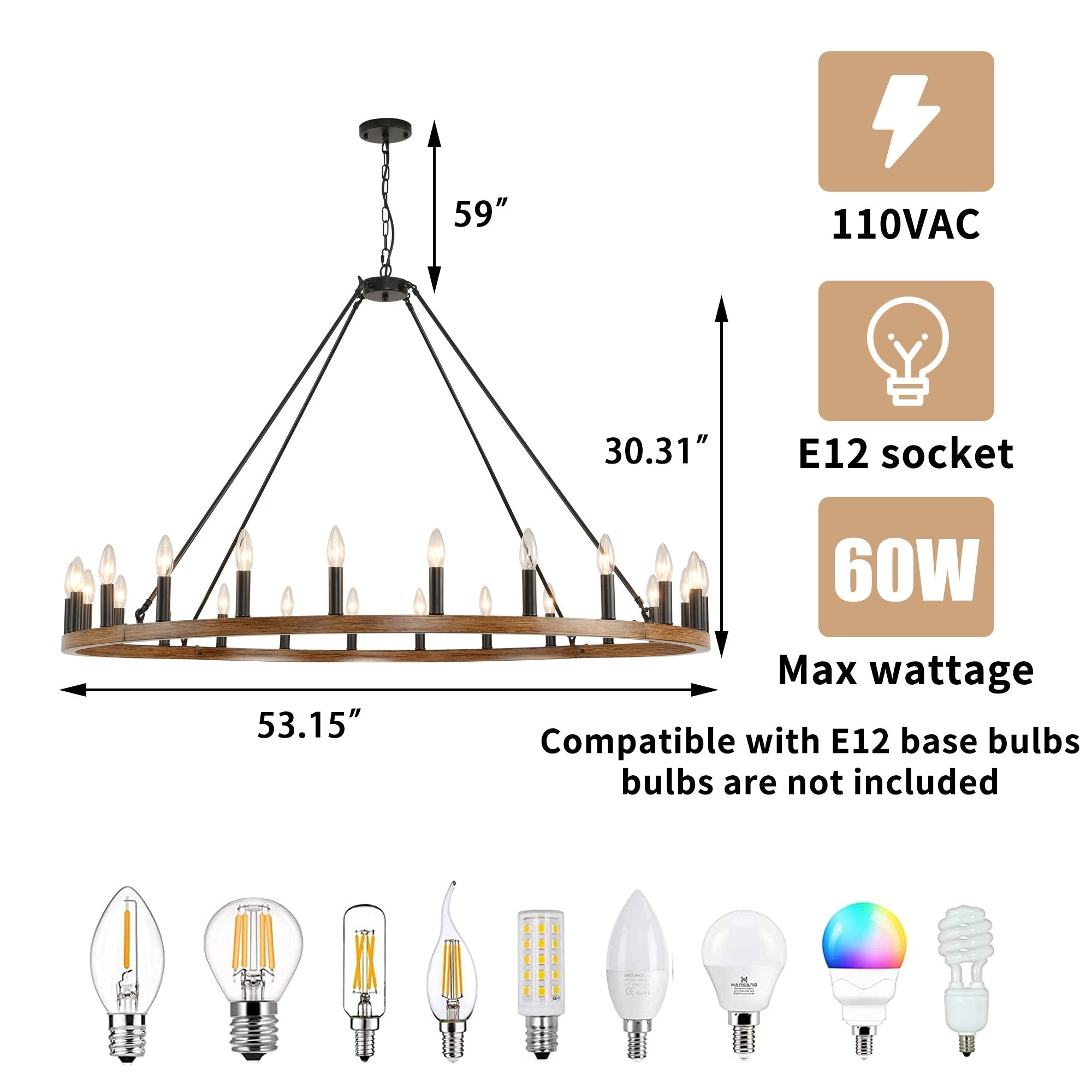 54-inch Round Wagon Wheel 24-light Chandelier