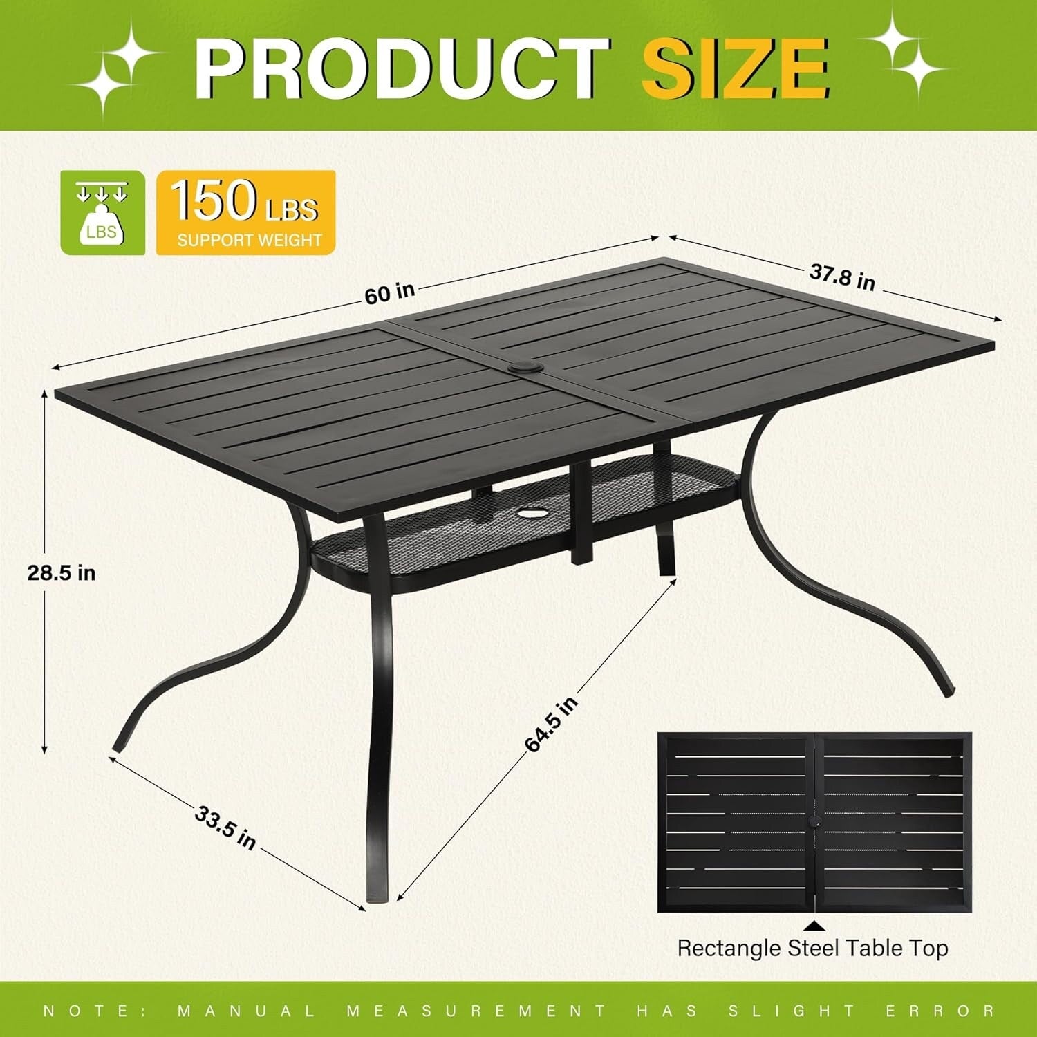 60 x 37 Outdoor Patio Rectangular Metal Slatted Dining Table with Umbrella Hole for 6 Person