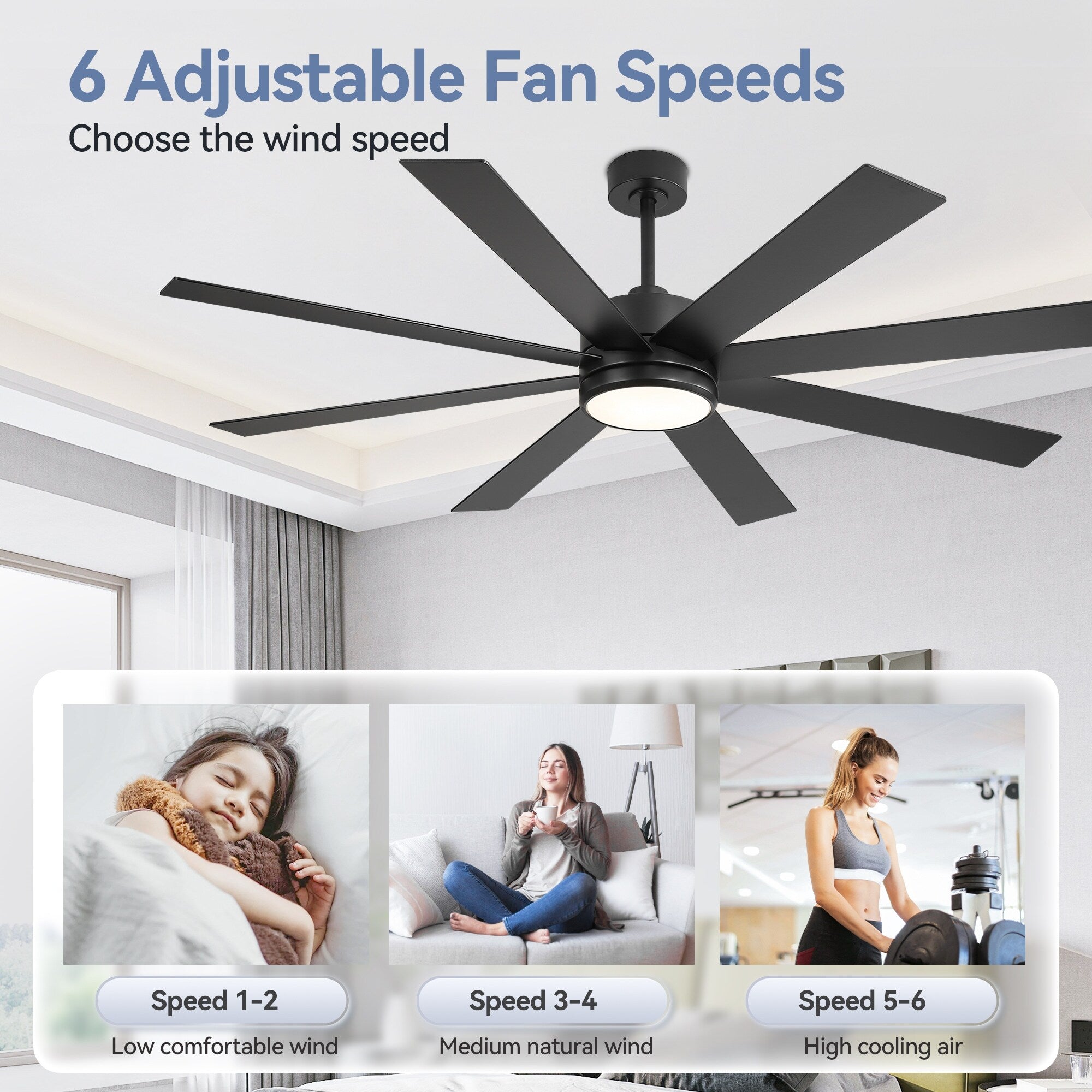 65 Inch 8-Blade Black LED Ceiling Fan with Light and Remote