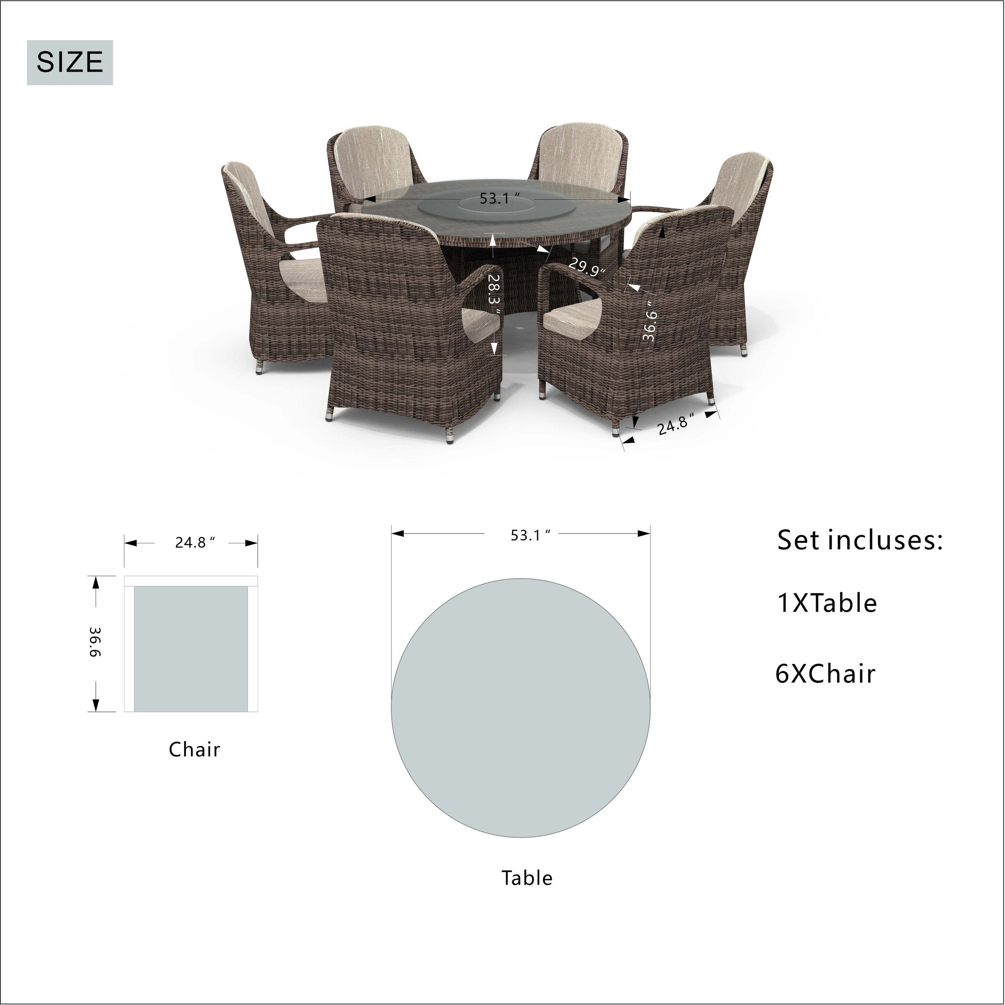 7 Pieces Outdoor Rattan Wicker Patio Round Dining Set with Cushions by Moda Furnishings