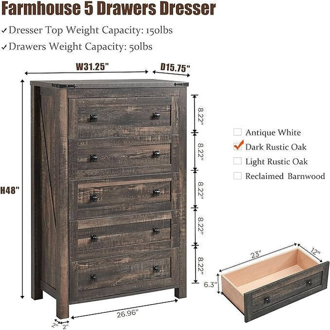 48 Tall Farmhouse 5 Drawer Wood Dresser, Chest of Drawers for Bedroom