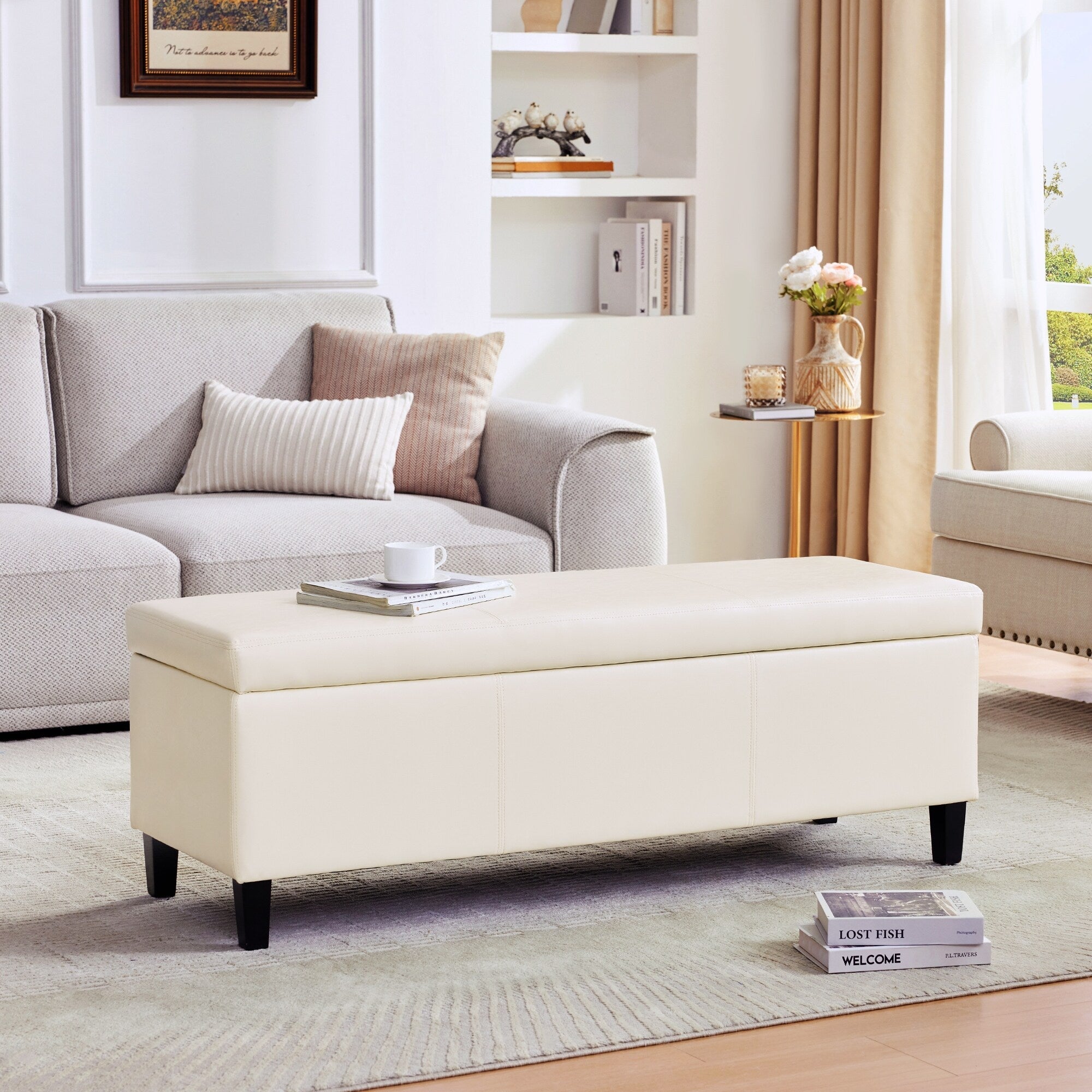 50.3 x 17.50 x 18 Upholstered Rectangular Storage Ottoman-Faux Leather