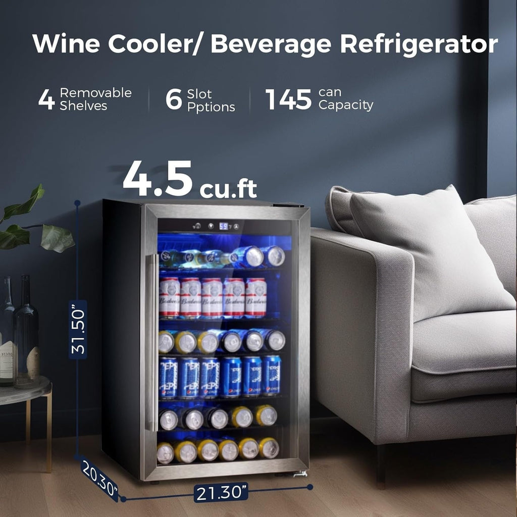 145 Can Beverage Refrigerator, 4.4Cu.Ft. Mini Fridge with Glass Door for Soda, Beer, Wine – Clear Front for Home, Office, or Bar