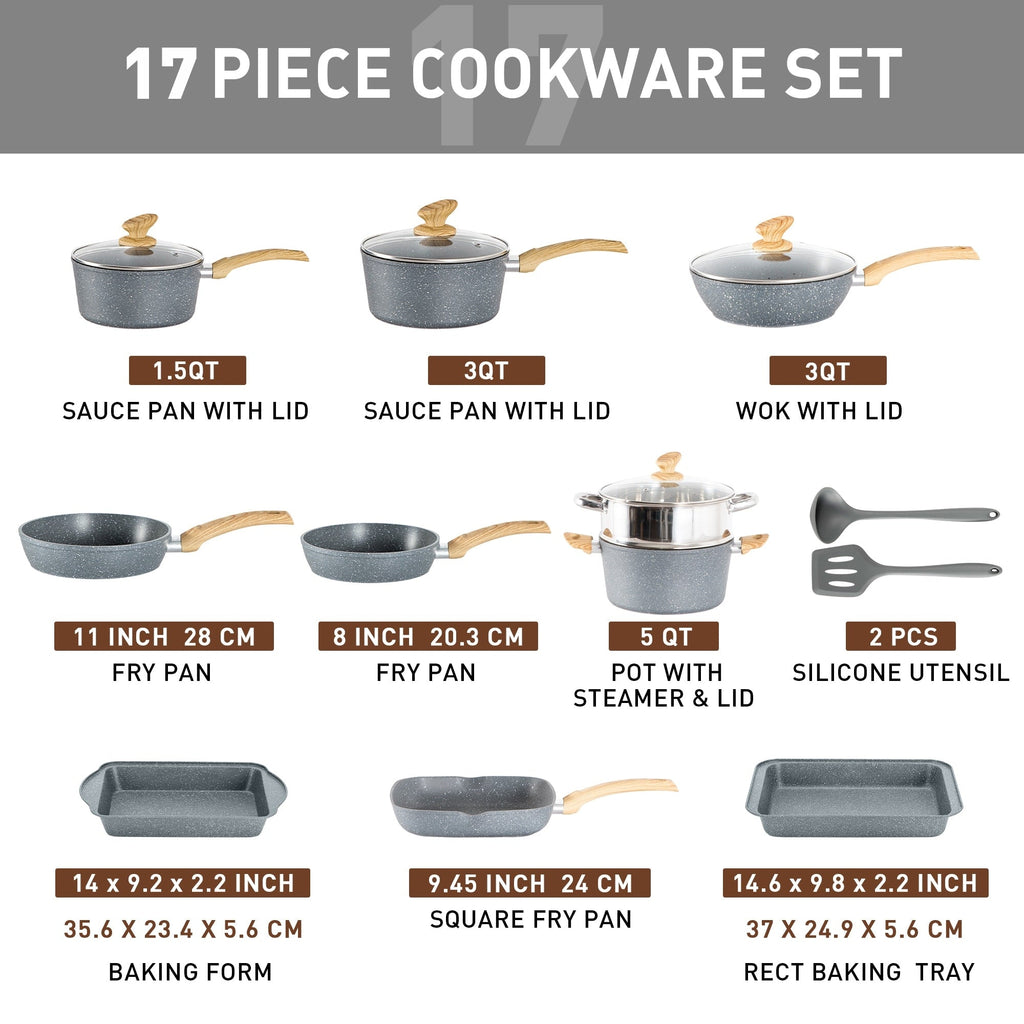 17-Piece Kitchen Granite Cookware Set, Non-stick Cooking Pots and Pans Set