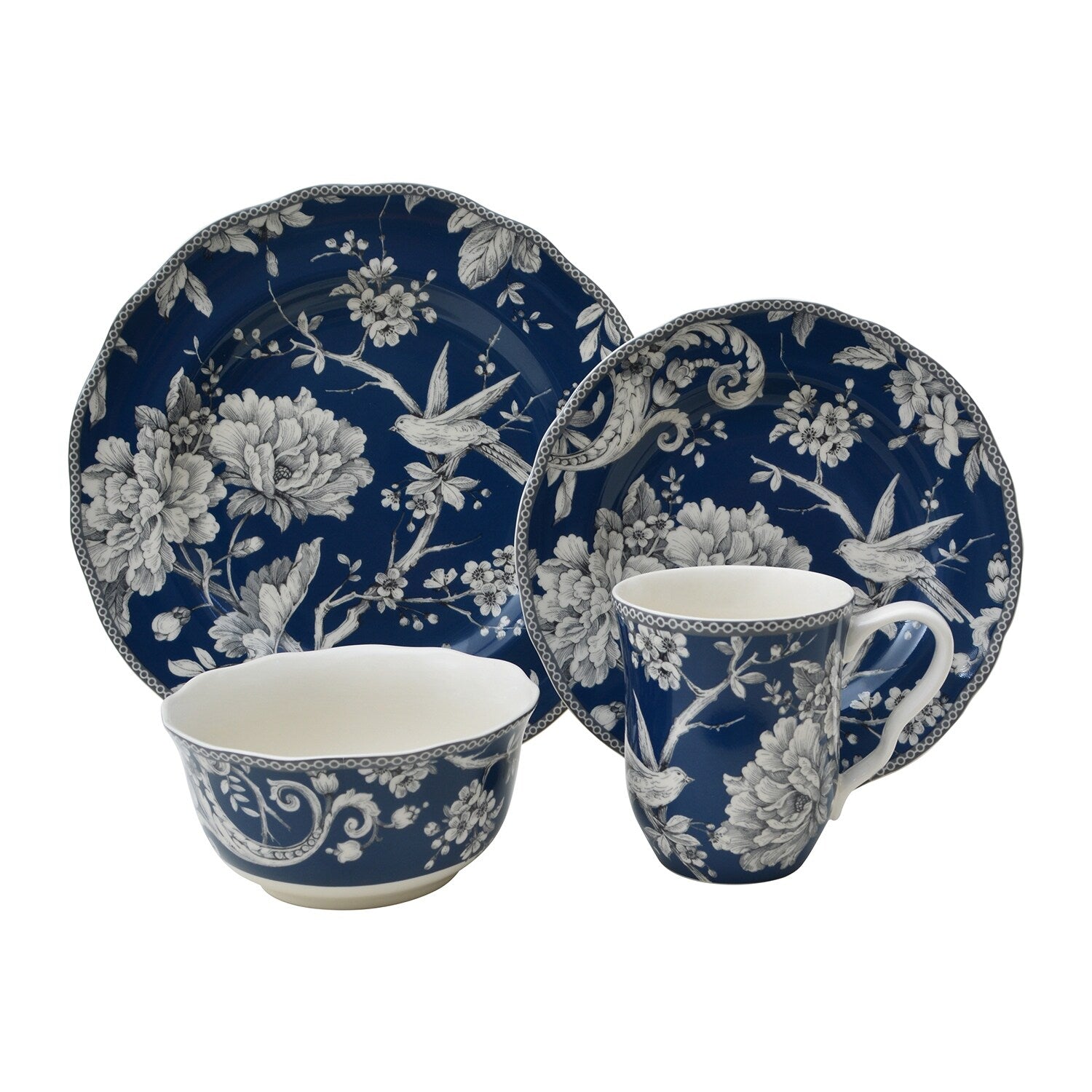 222 Fifth Adelaide 16-Piece Porcelain Dinnerware Set with Round Plates, Bowls, and Mugs, Dark Blue
