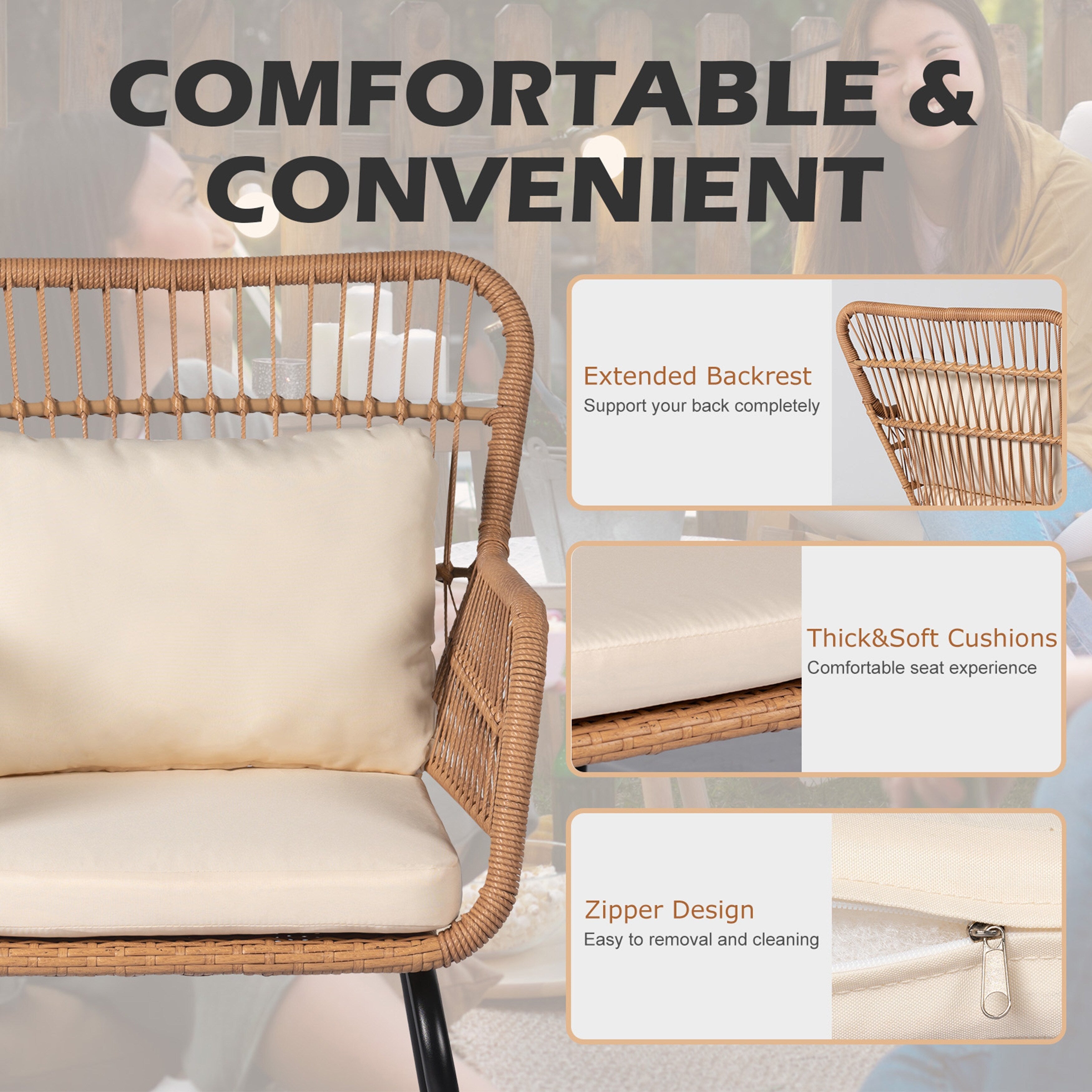 3 Piece Outdoor Wicker Conversation Bistro Set, All-Weather Rattan Furniture Patio Chairs Set with Cushions