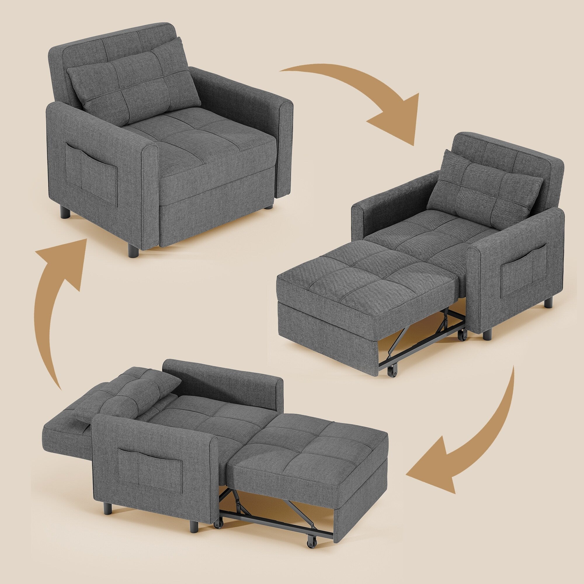 3-in-1 Pull-Out Sofa Bed Sleeper Chair , Convertible Adjustable Foldable Upholstered Lounge Couch