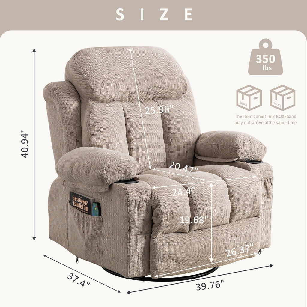 360° Swivel Recliner Chair with Massage, Heat, USB, and Cup Holders