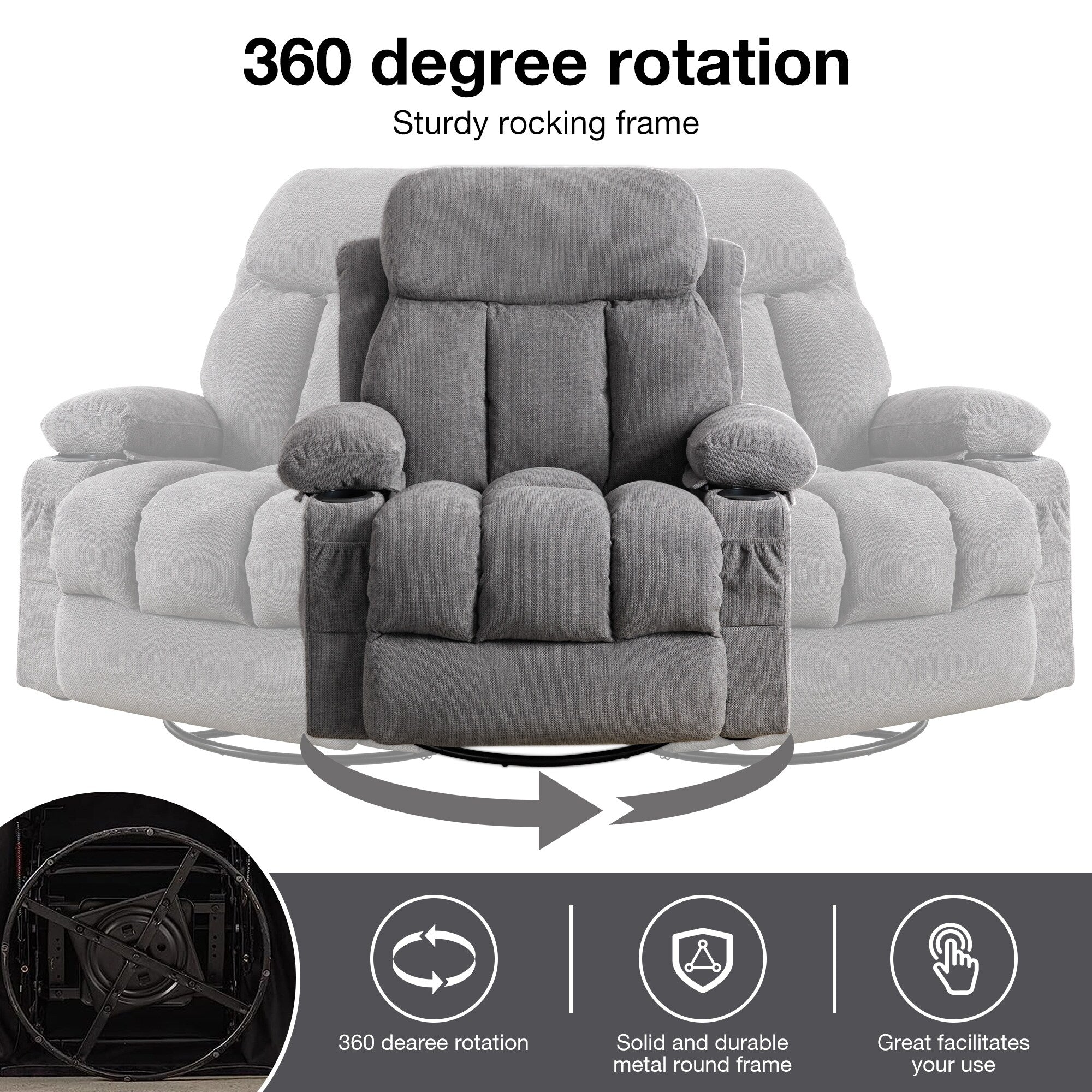 360° Swivel Recliner Chair with Massage, Heat, USB, and Cup Holders