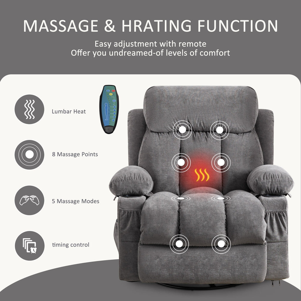 360° Swivel Recliner Chair with Massage, Heat, USB, and Cup Holders
