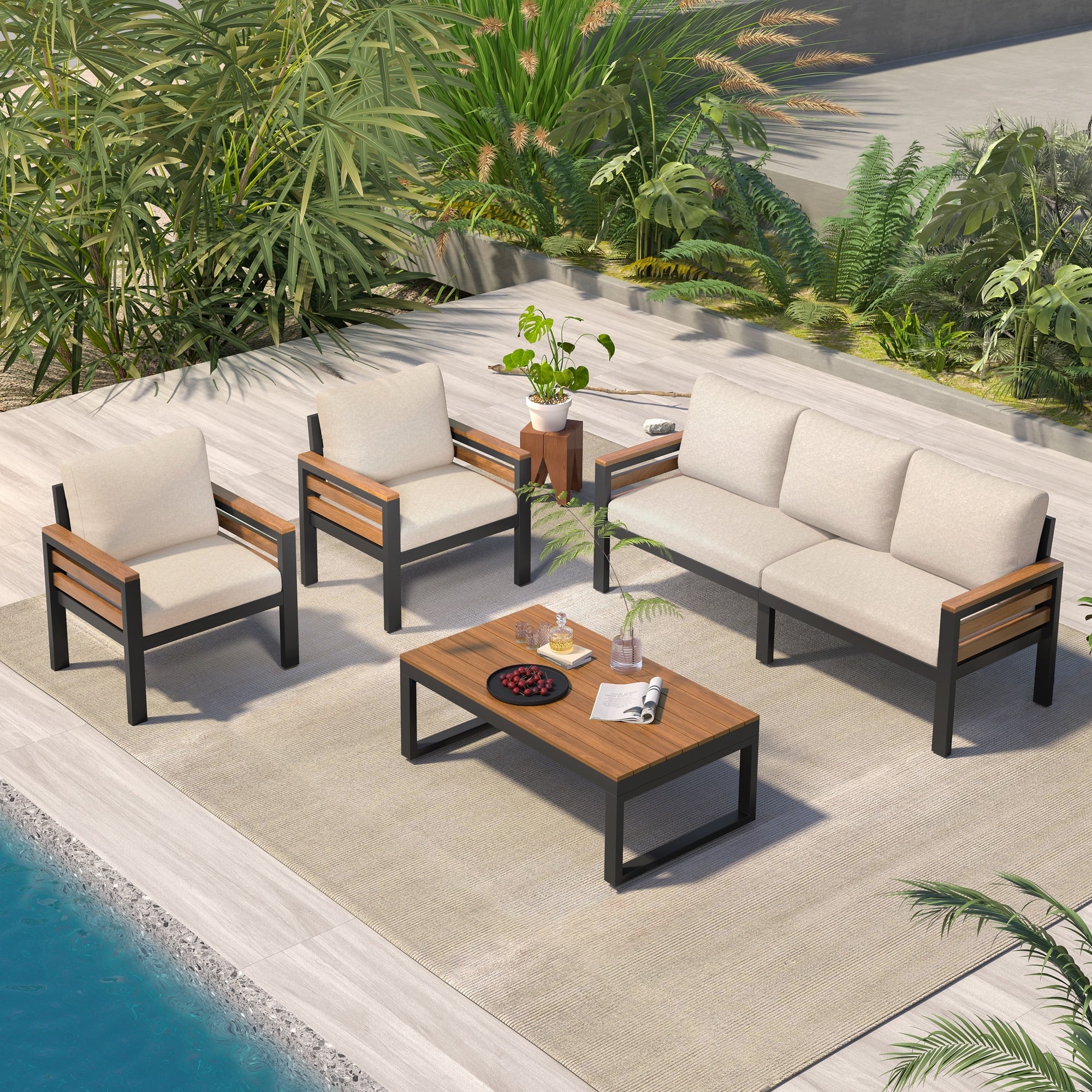 4-Piece Outdoor Sofa Set for 5 People with Removable Cushion & Solid Wood Coffee Table