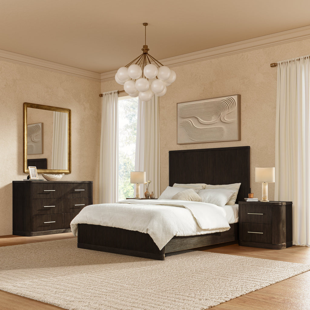 4-Piece Modern Fluted Solid Wood Bedroom Set with Oak Texture