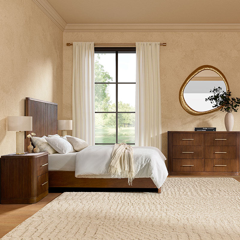 4-Piece Modern Fluted Solid Wood Bedroom Set with Oak Texture