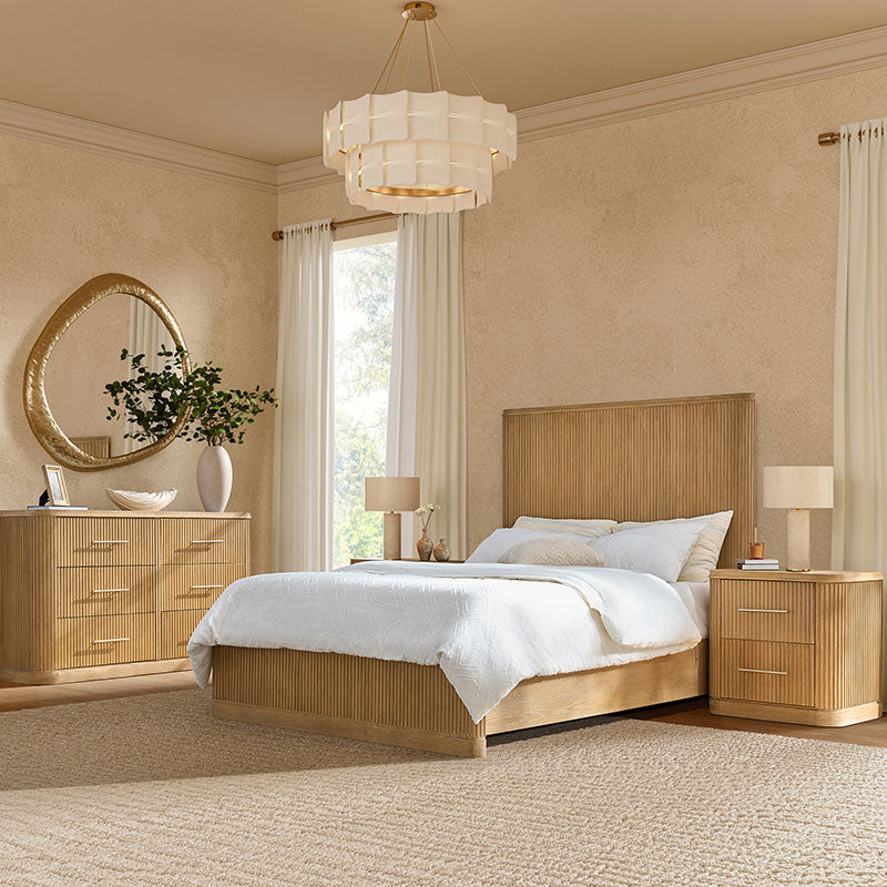 4-Piece Modern Fluted Solid Wood Bedroom Set with Oak Texture