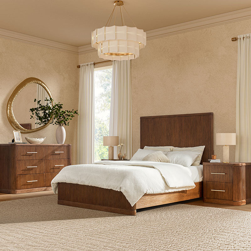 4-Piece Modern Fluted Solid Wood Bedroom Set with Oak Texture