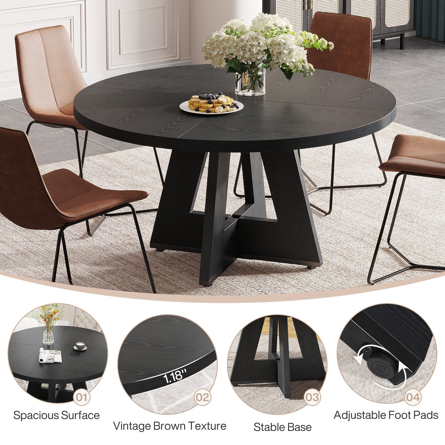 47 Round Dining Table for 4, Farmhouse Kitchen Table Small Dinner Table Wood Kitchen Table for Dining Room Living Room