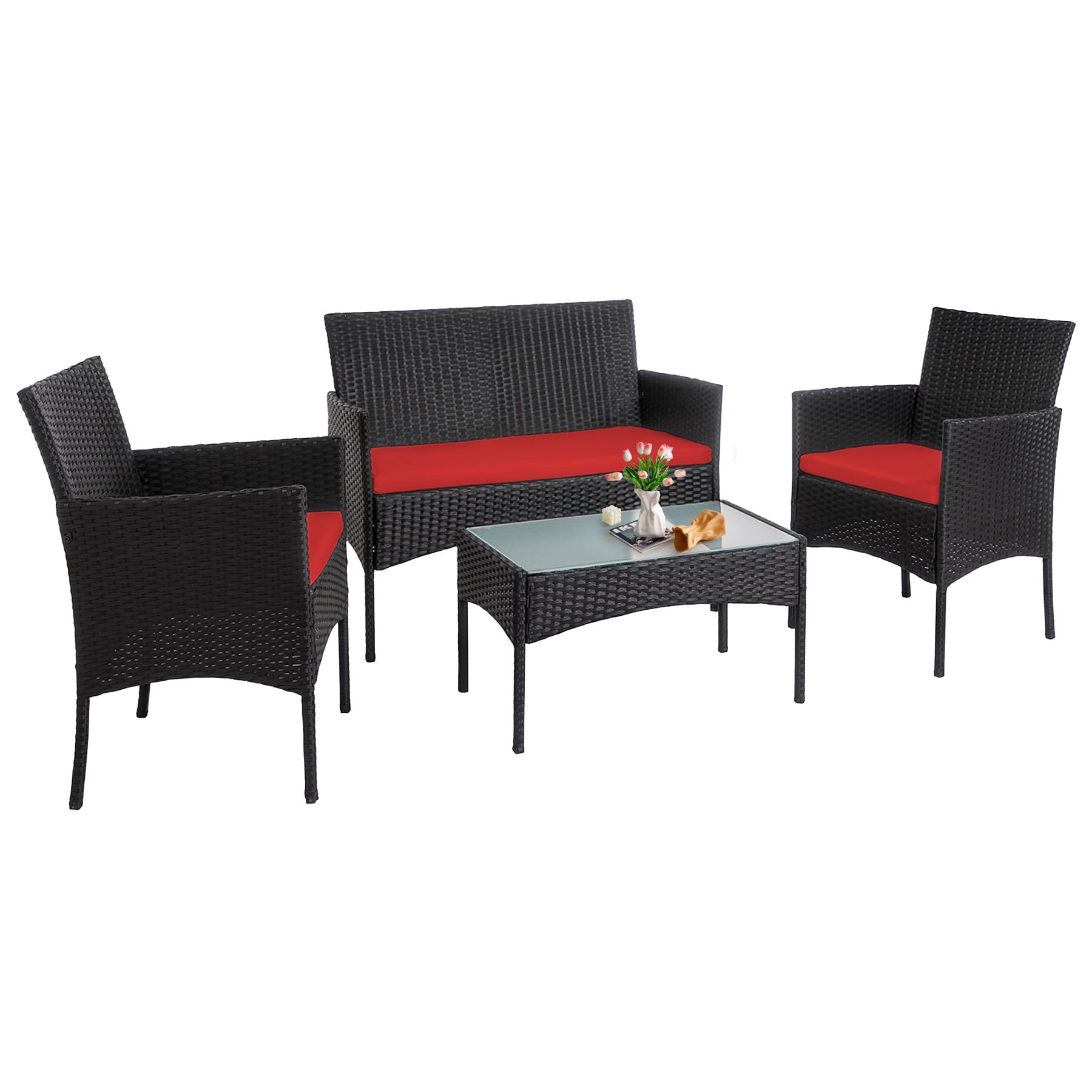 4 Piece Patio Conversation Wicker Furniture Set, Outdoor Rattan Sectional Furniture Set With Cushions