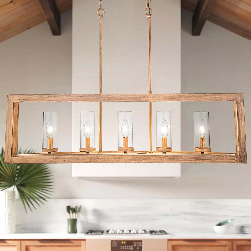 5-Light Mid-Century Modern Industrial Linear Kitchen Island Pendant Vintage Rectangle Glass Chandelier