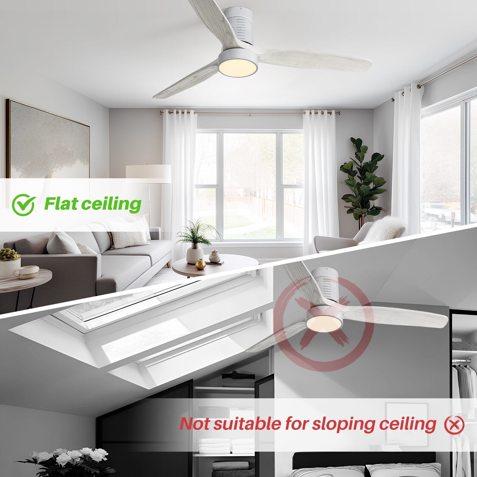 52 Inch Farmhouse Style Flush Mount Ceiling Fan with Light and Remote Control, Reversible DC Motor