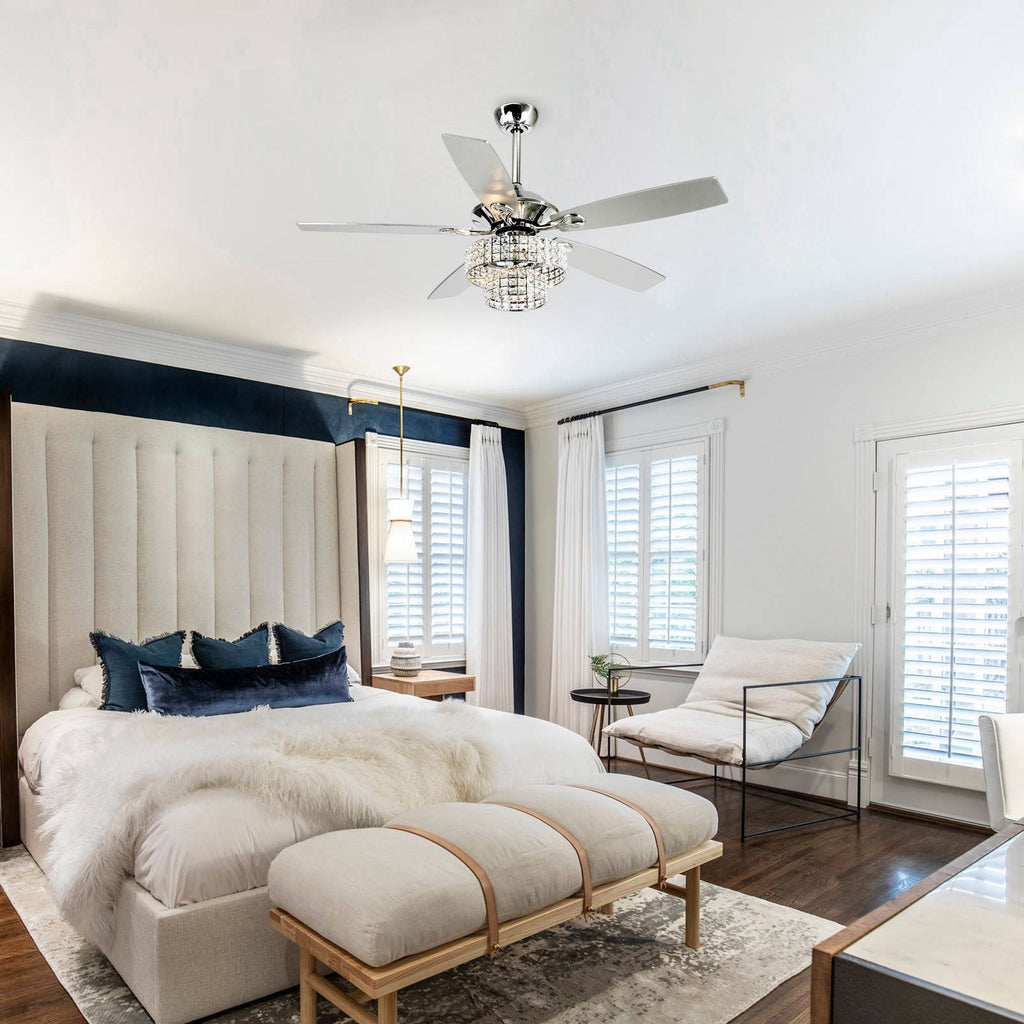 52-inch Chrome Wooden 5-blade Modern Crystal Ceiling Fan with Remote