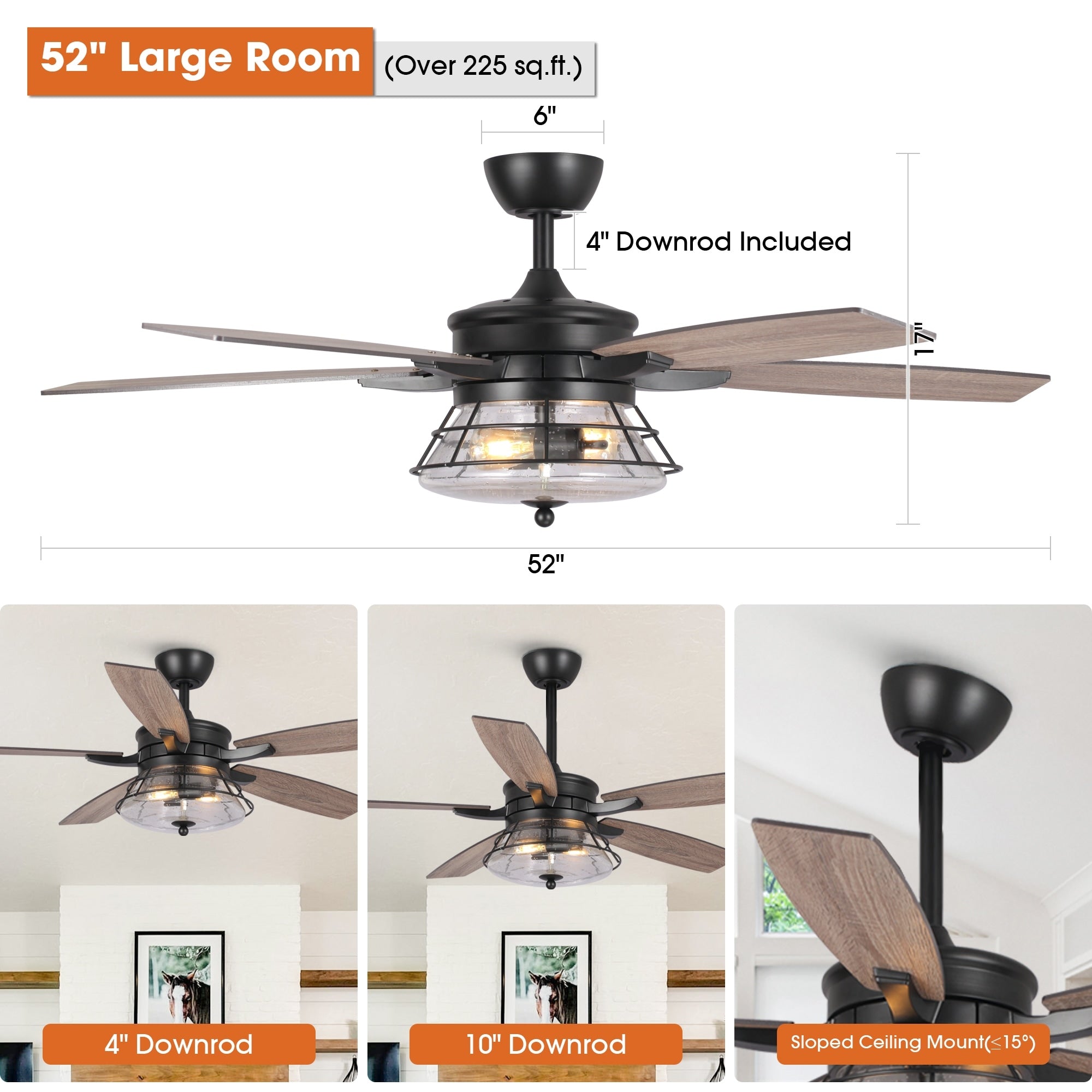 52 Industrial Seeded Glass Black Decorative Ceiling Fan with Remote and Light Kit