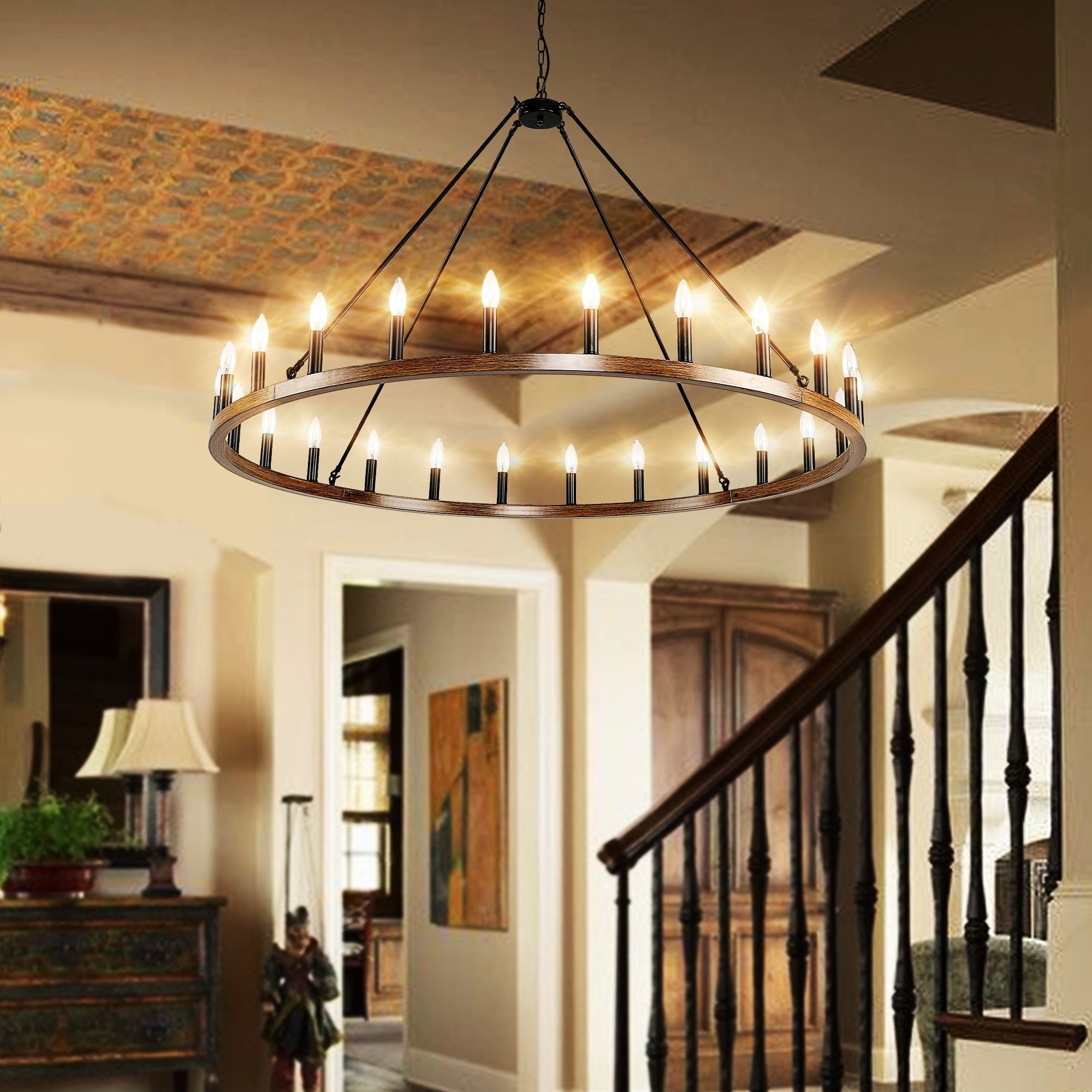 54-inch Round Wagon Wheel 24-light Chandelier