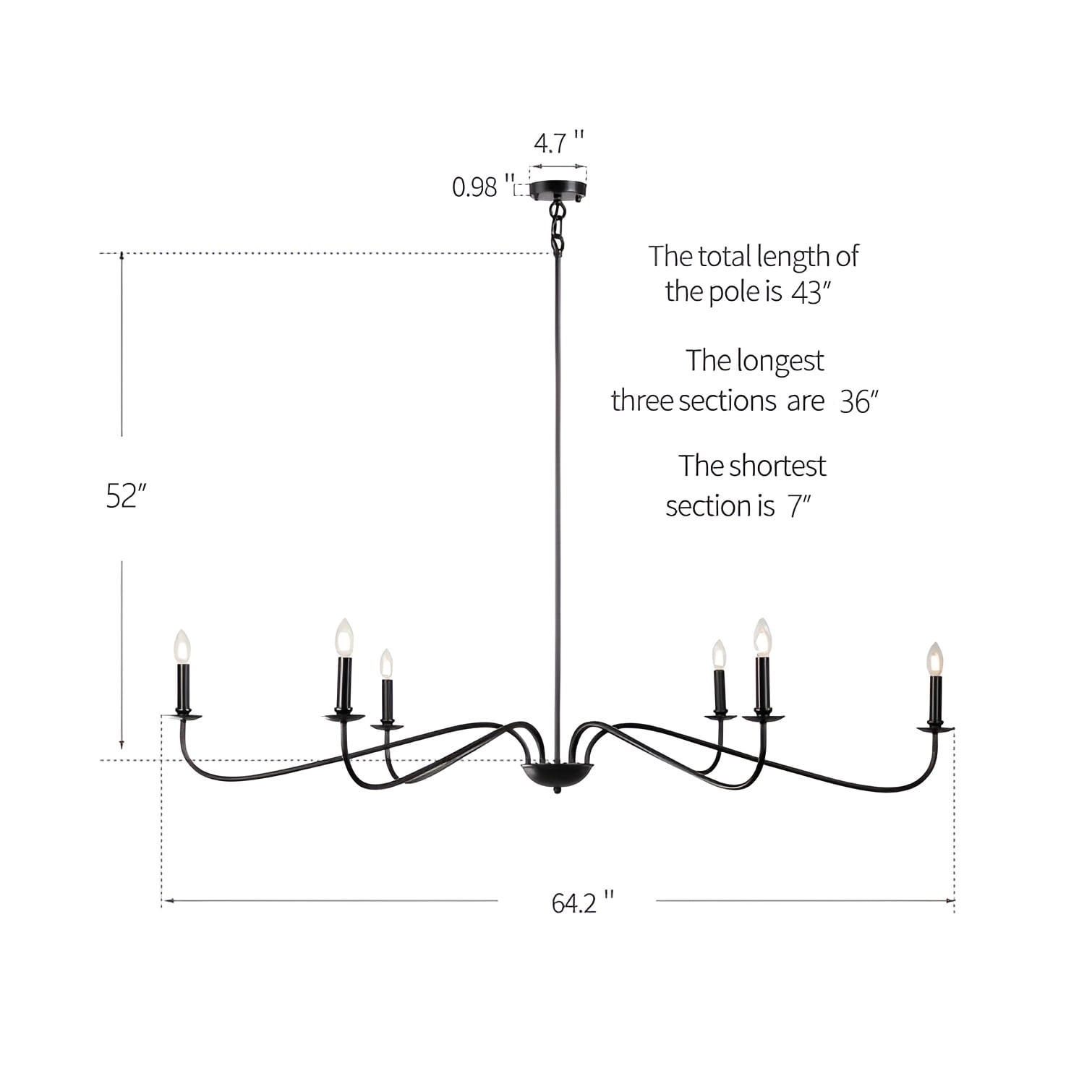 6 Light 64 Inches Minimalist Chandelier in Matte Black / Gold /Chrome - N/A