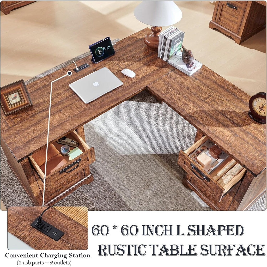 60 Farmhouse L Shaped Executive Desk, Wood Corner Desk, Computer Desk