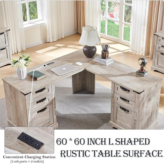 60 Farmhouse L Shaped Executive Desk, Wood Corner Desk, Computer Desk