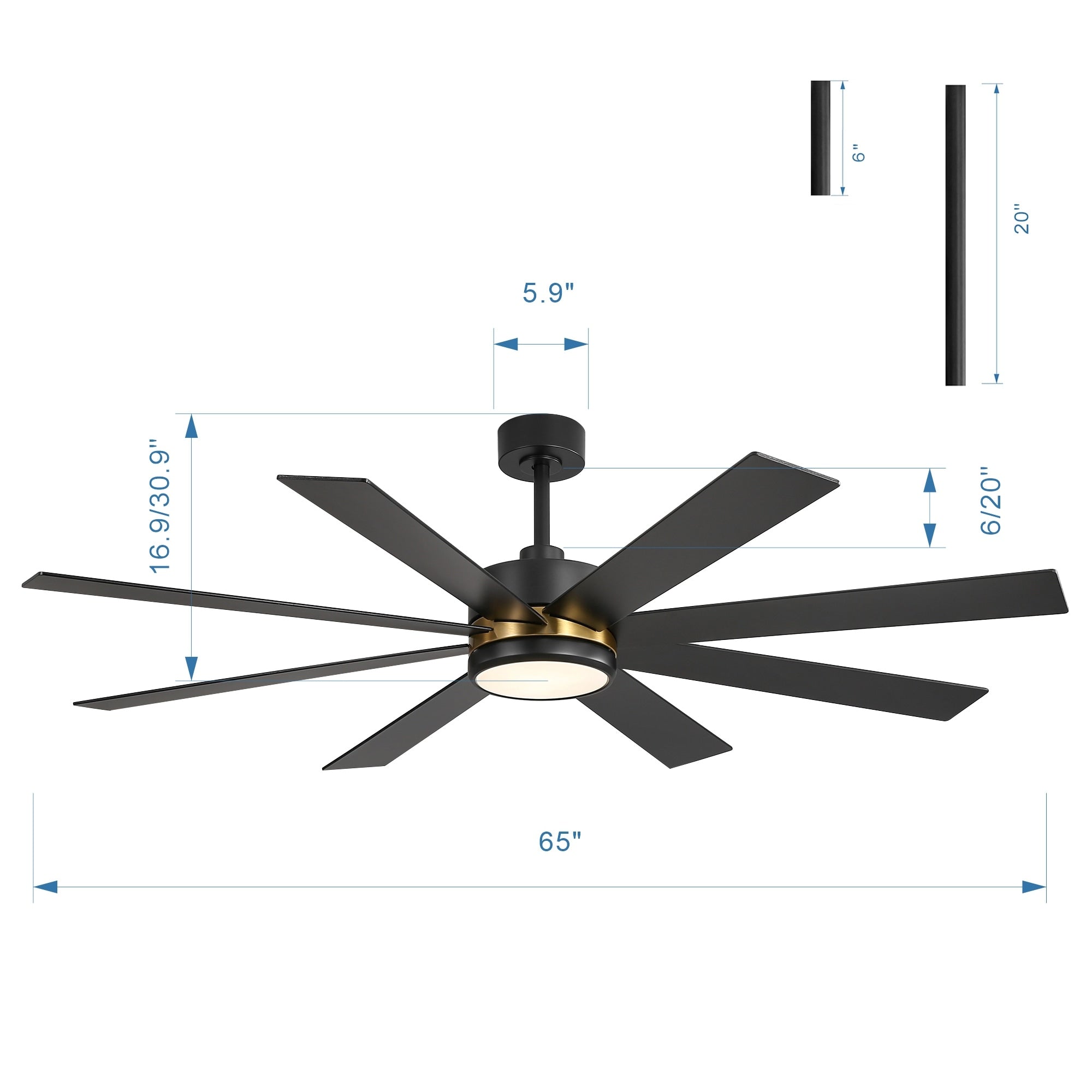65 Inch 8-Blade Black LED Ceiling Fan with Light and Remote