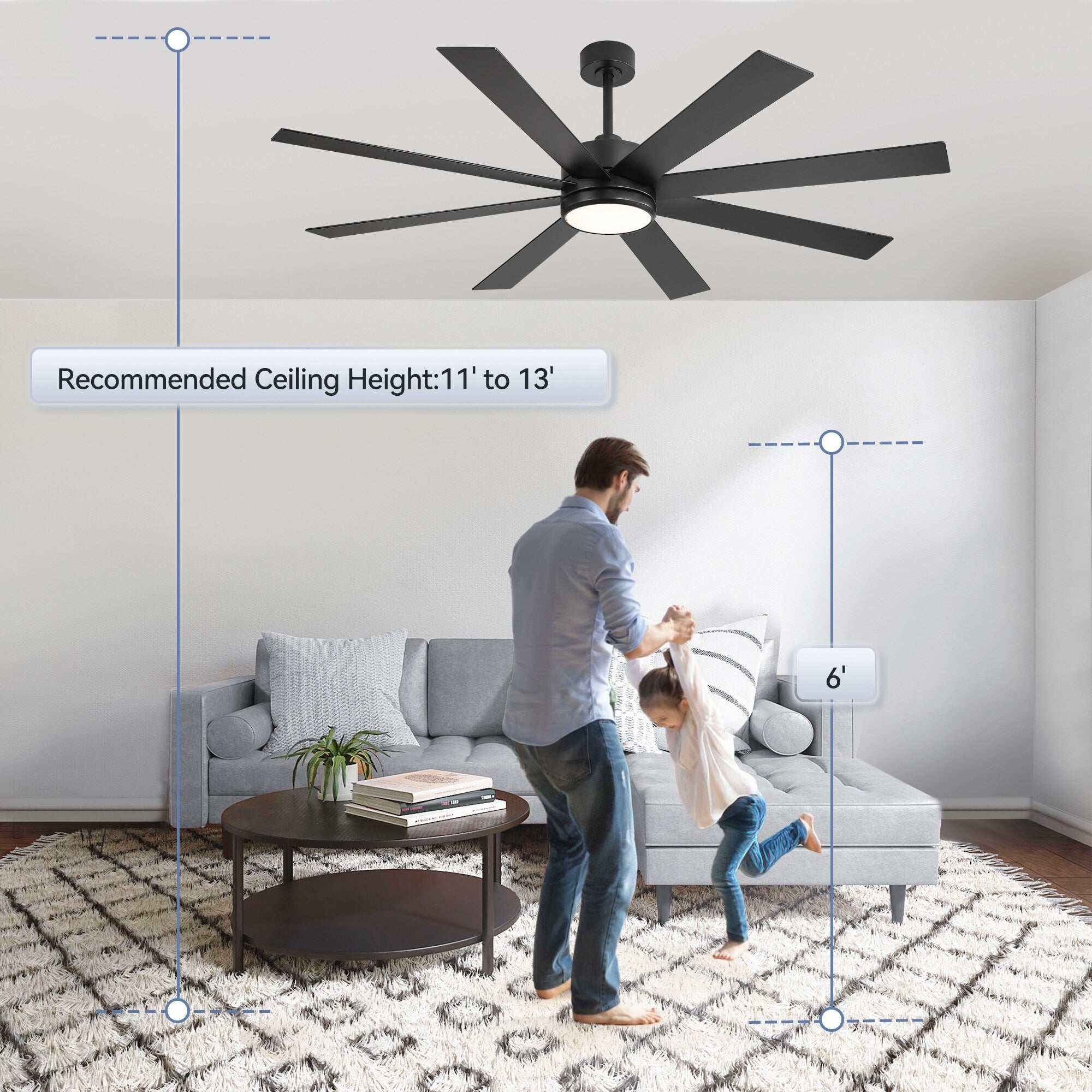 65 Inch 8-Blade Black LED Ceiling Fan with Light and Remote