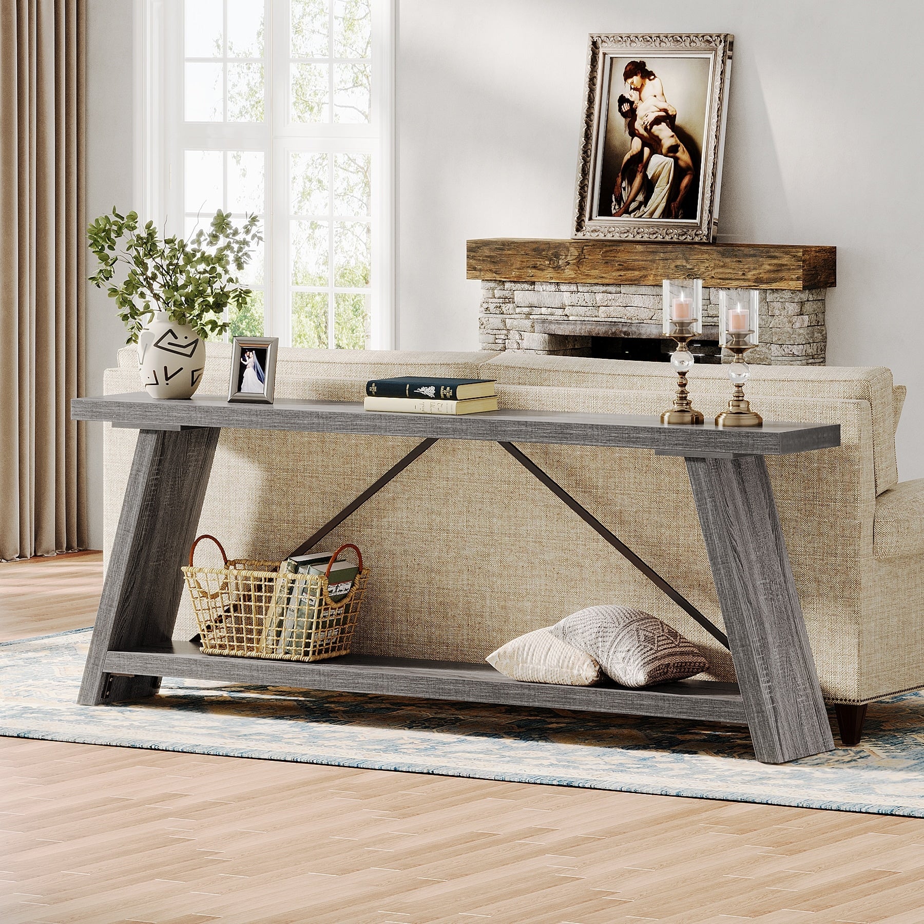 70.9 Inches Long Rustic Wood Console Sofa Table with Storage Shelf