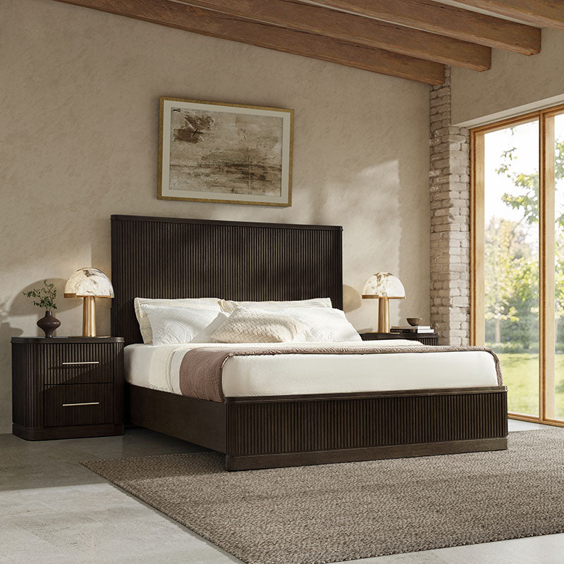 3-Piece Modern Fluted Solid Wood Bedroom Set with Oak Texture