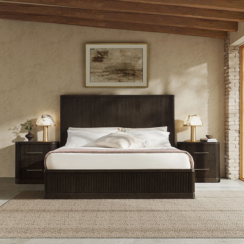 3-Piece Modern Fluted Solid Wood Bedroom Set with Oak Texture