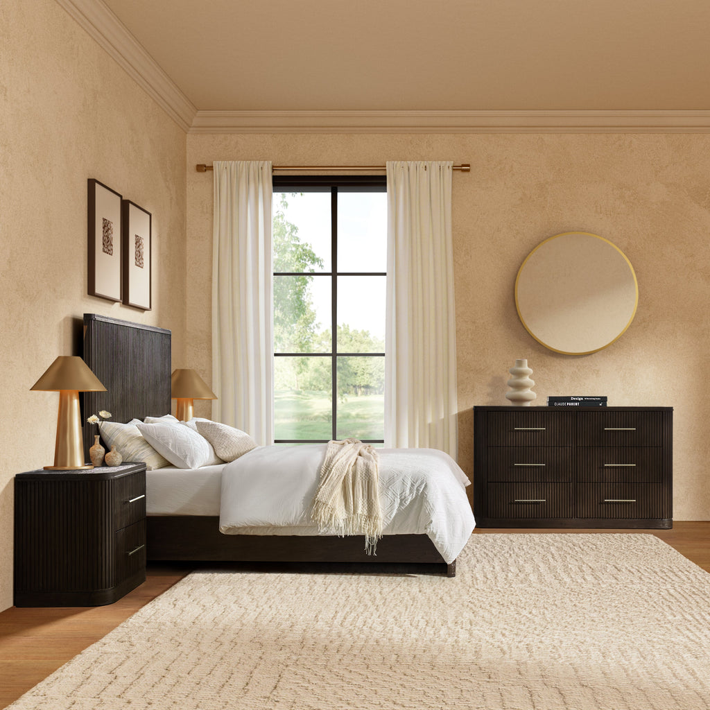 4-Piece Modern Fluted Solid Wood Bedroom Set with Oak Texture