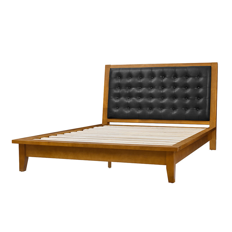 Herme Genuine Leather Solid Wood Platform Bed with Charging Ports