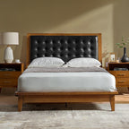 Herme Genuine Leather Solid Wood Platform Bed with Charging Ports
