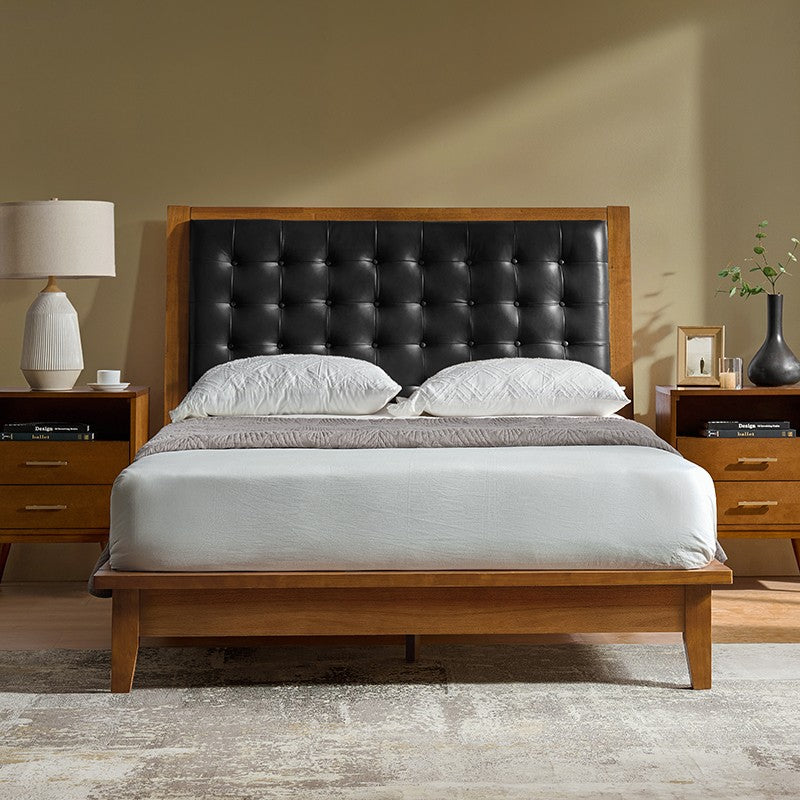 Herme Genuine Leather Solid Wood Platform Bed with Charging Ports